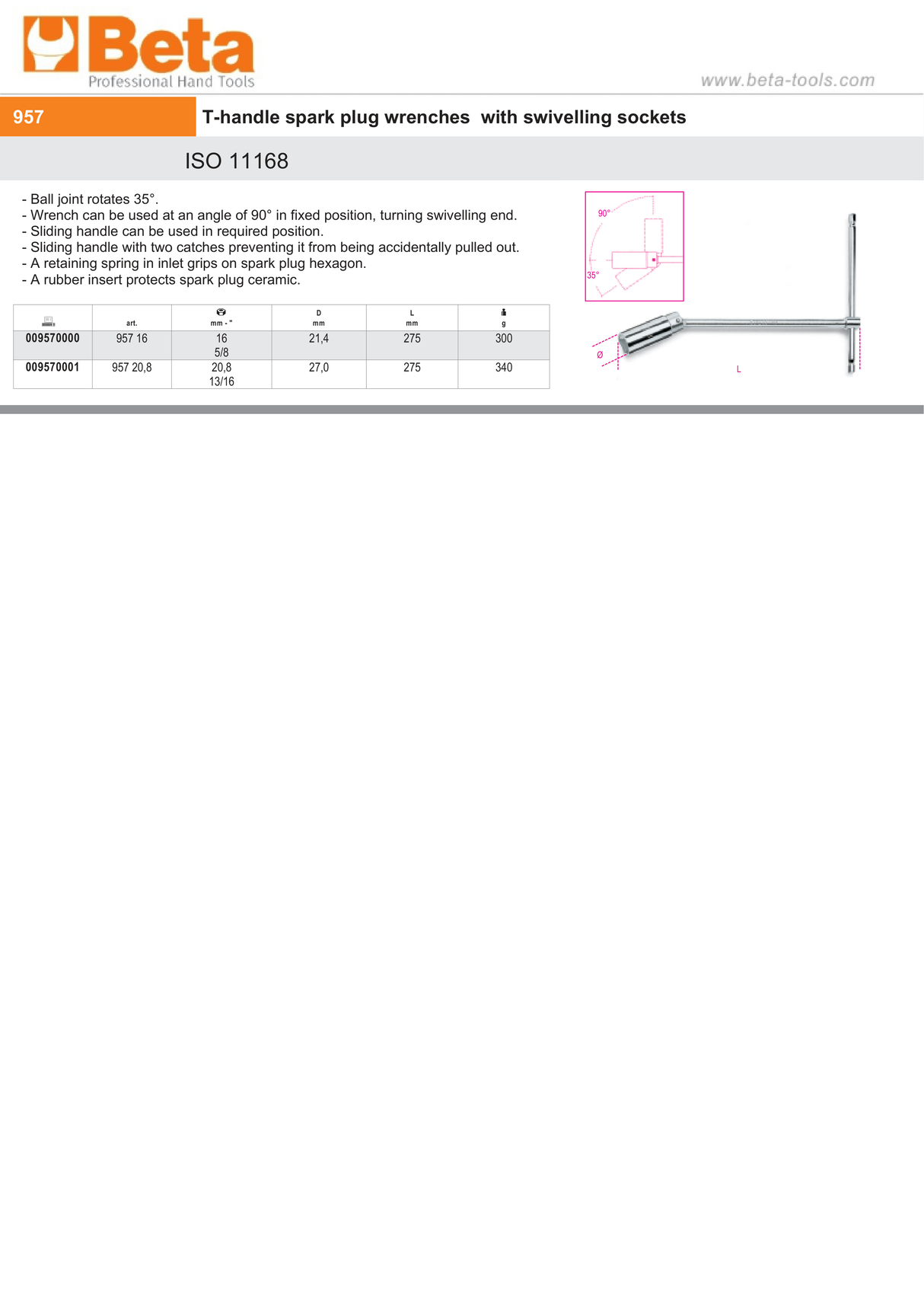 T-Handle Spark Plug Wrench with Swivelling Socket 16mm - Beta Tools 957 16 - Image 2