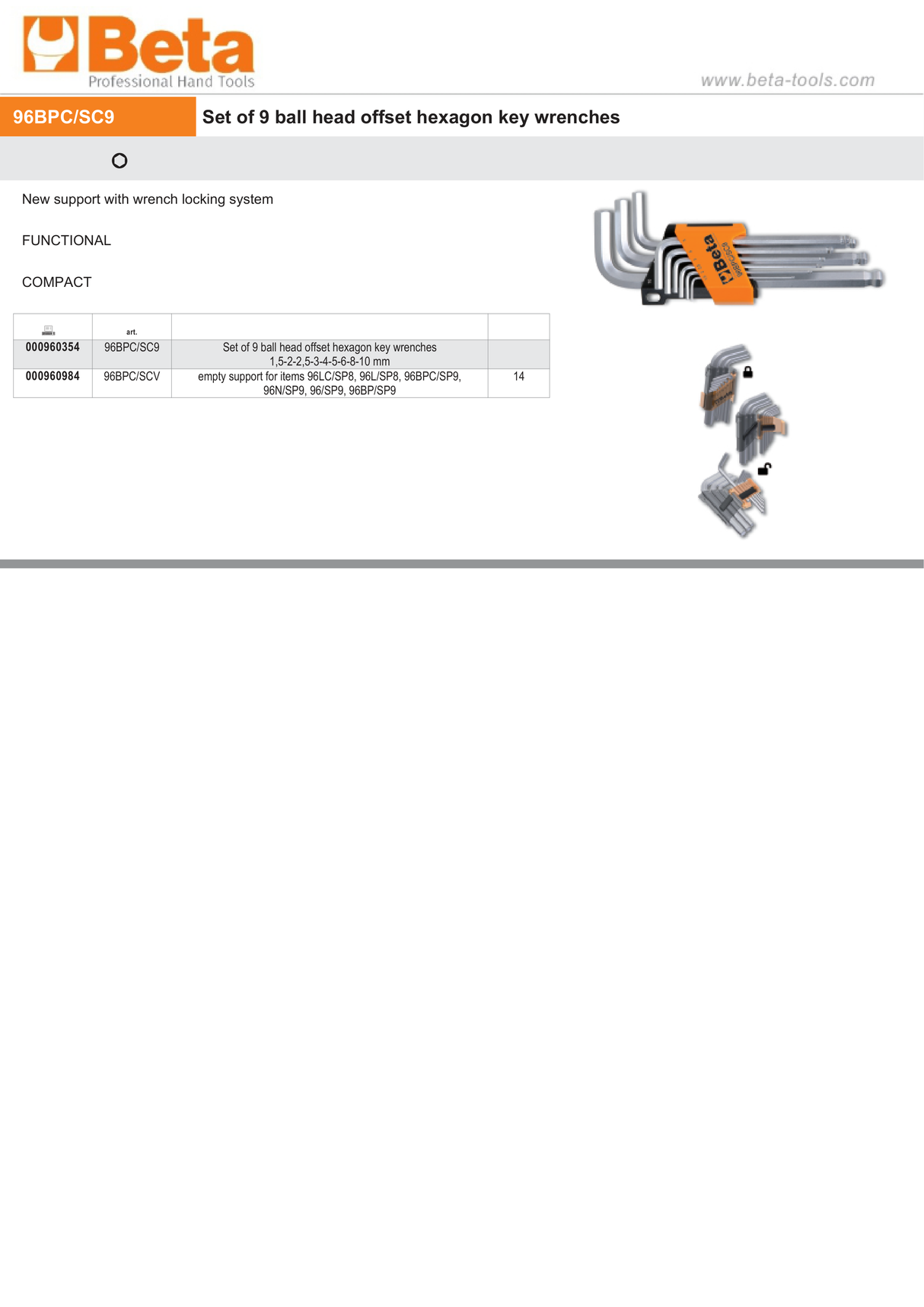 Set of 9 Ball Head Offset Hexagon Key Wrenches - Beta Tools 96BPC/SC9 - Image 3