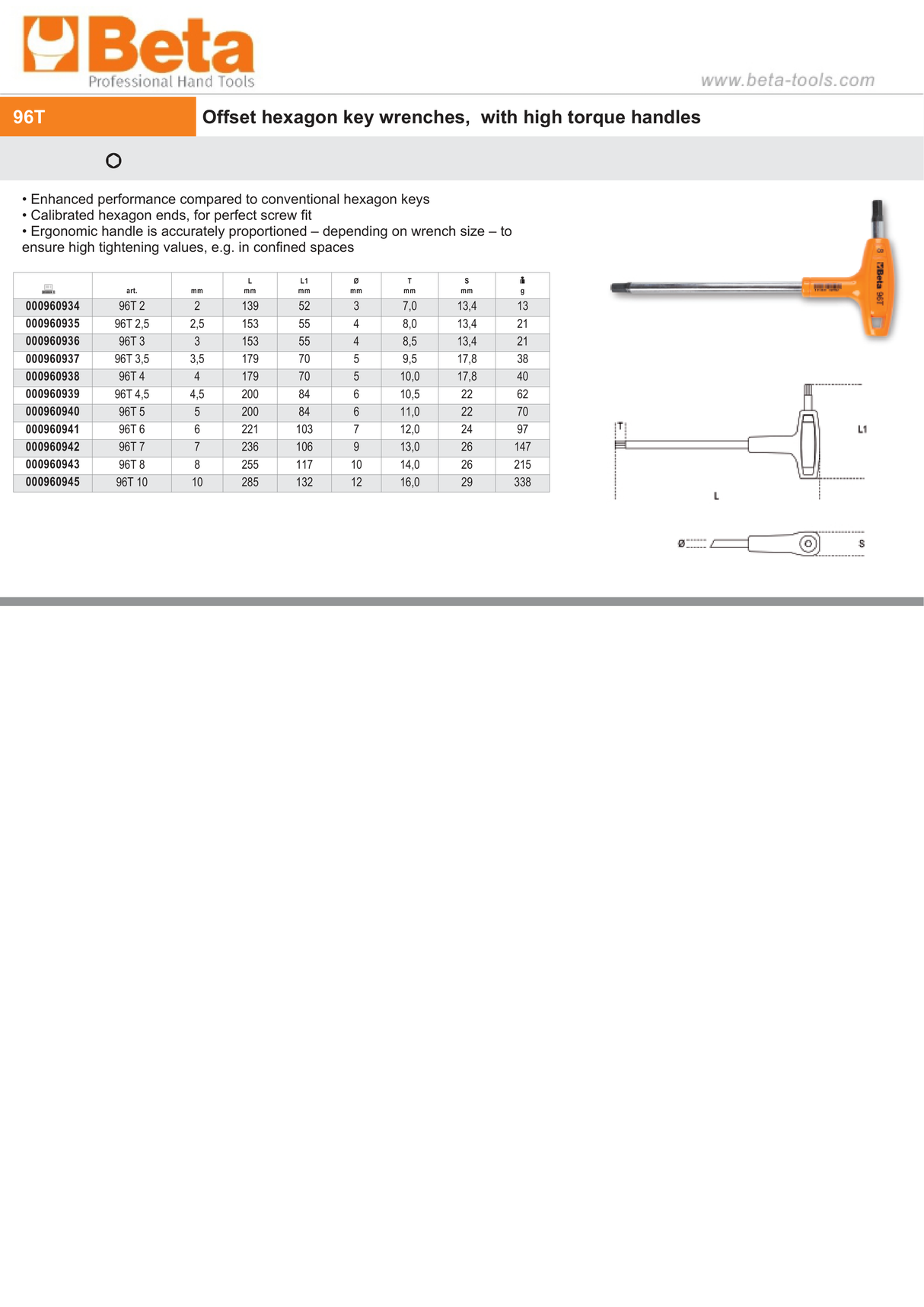 Offset Hexagon Key Wrench with High Torque Handle 2mm - Beta Tools 96T 2 - Image 3