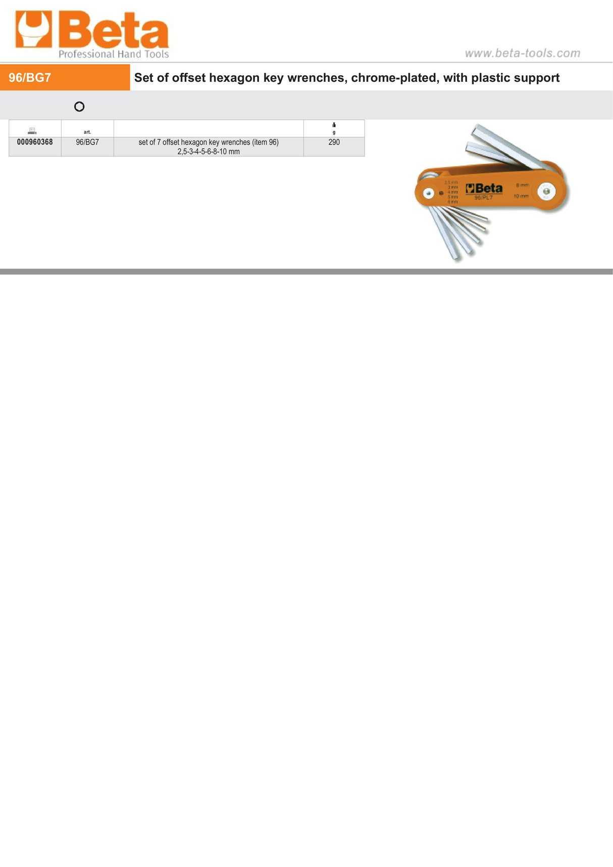 Set of 7 Offset Hexagon Key Wrenches 2.5mm - 10mm - Beta Tools 96/BG7 - Image 3