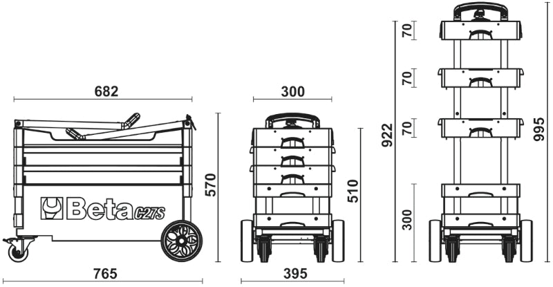 Folding Tool Trolley for Outdoor Jobs, 2 Drawers, 990x390x700mm, Centralized Lock, 160mm Fixed Castors - Beta Tools C27S-R - Image 9