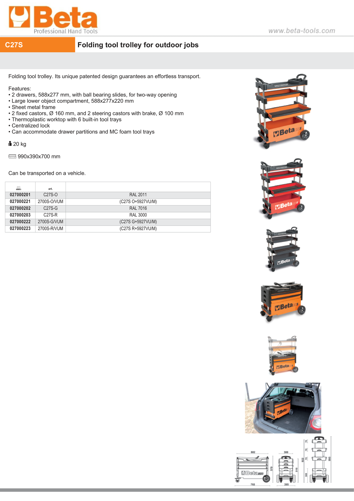 Folding Tool Trolley for Outdoor Jobs, 2 Drawers, 990x390x700mm, Centralized Lock, 160mm Fixed Castors - Beta Tools C27S-O - Image 10