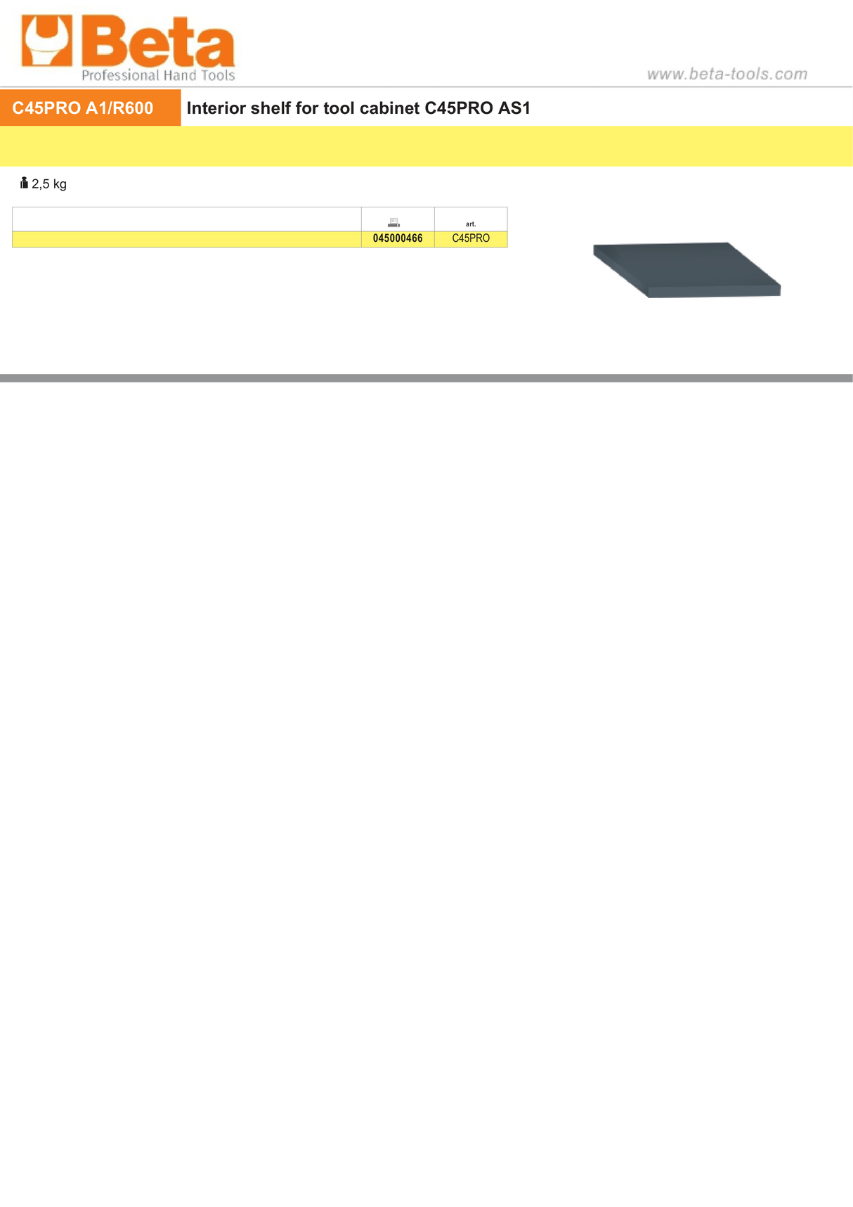 Interior Shelf for Tool Cabinet C45PRO AS1 - BetaC45PRO C45PRO A1/R600 - Image 2