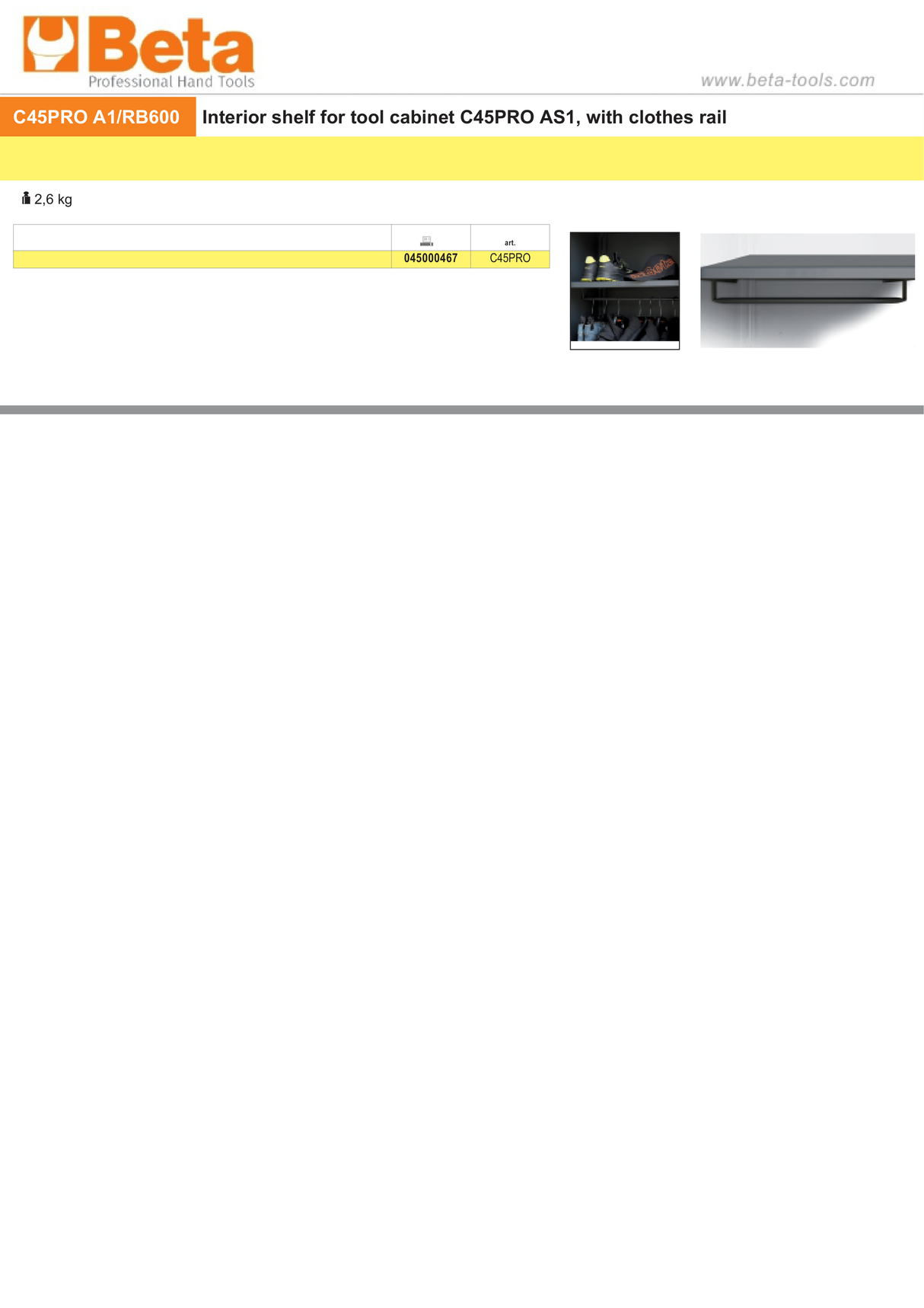 Interior Shelf with Clothes Rail for Tool Cabinet C45PRO AS1 - BetaC45PRO C45PRO A1/RB600 - Image 2