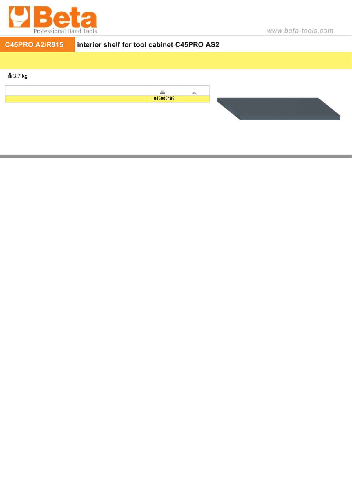 Interior Shelf for Tool Cabinet C45PRO AS2 - BetaC45PRO C45PROA2/R915 - Image 2