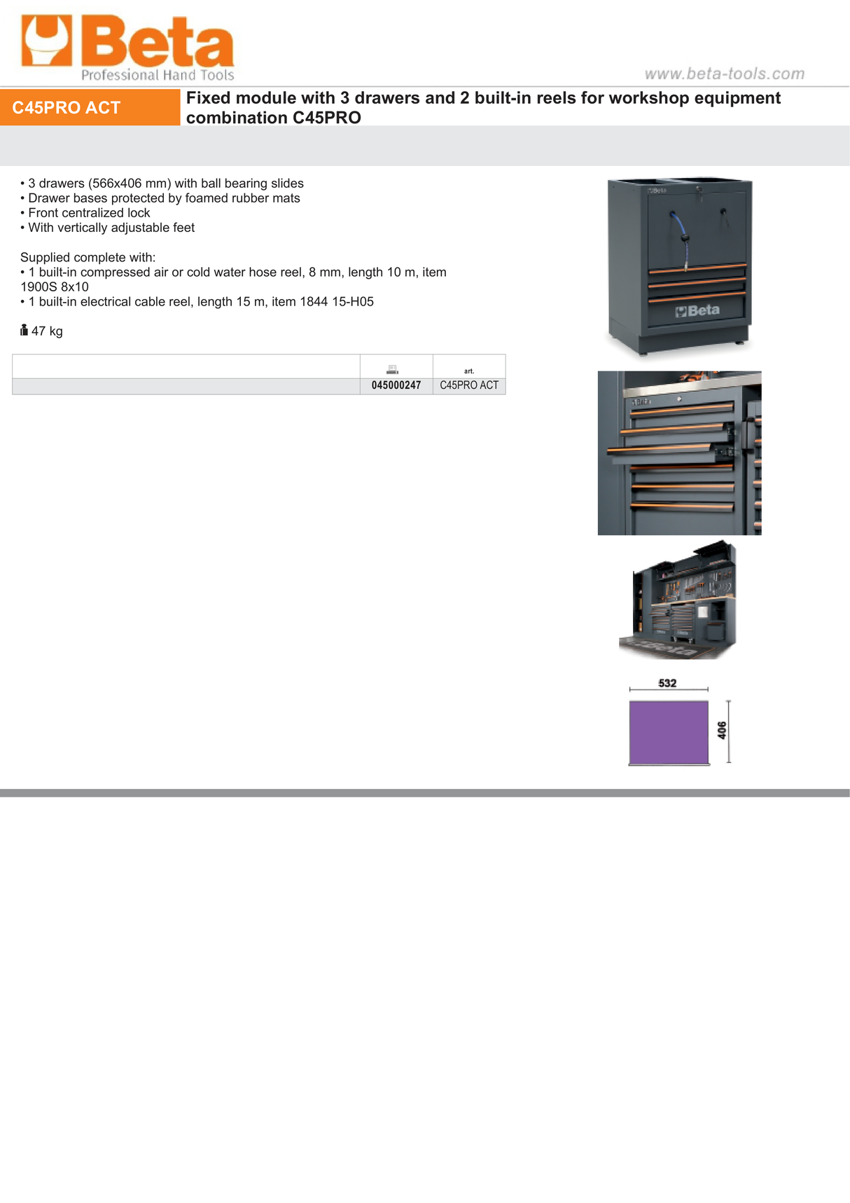 Fixed Module with 3 Drawers and 2 Built-In Reels for Workshop - BetaC45PRO C45PRO ACT - Image 6