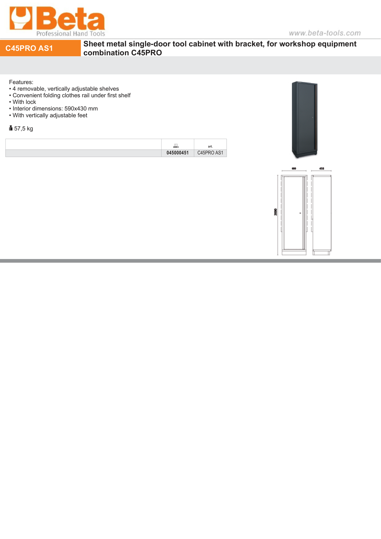 Single-Door Tool Cabinet with Adjustable Shelves and Lock for Workshop - BetaC45PRO C45PRO AS1 - Image 3