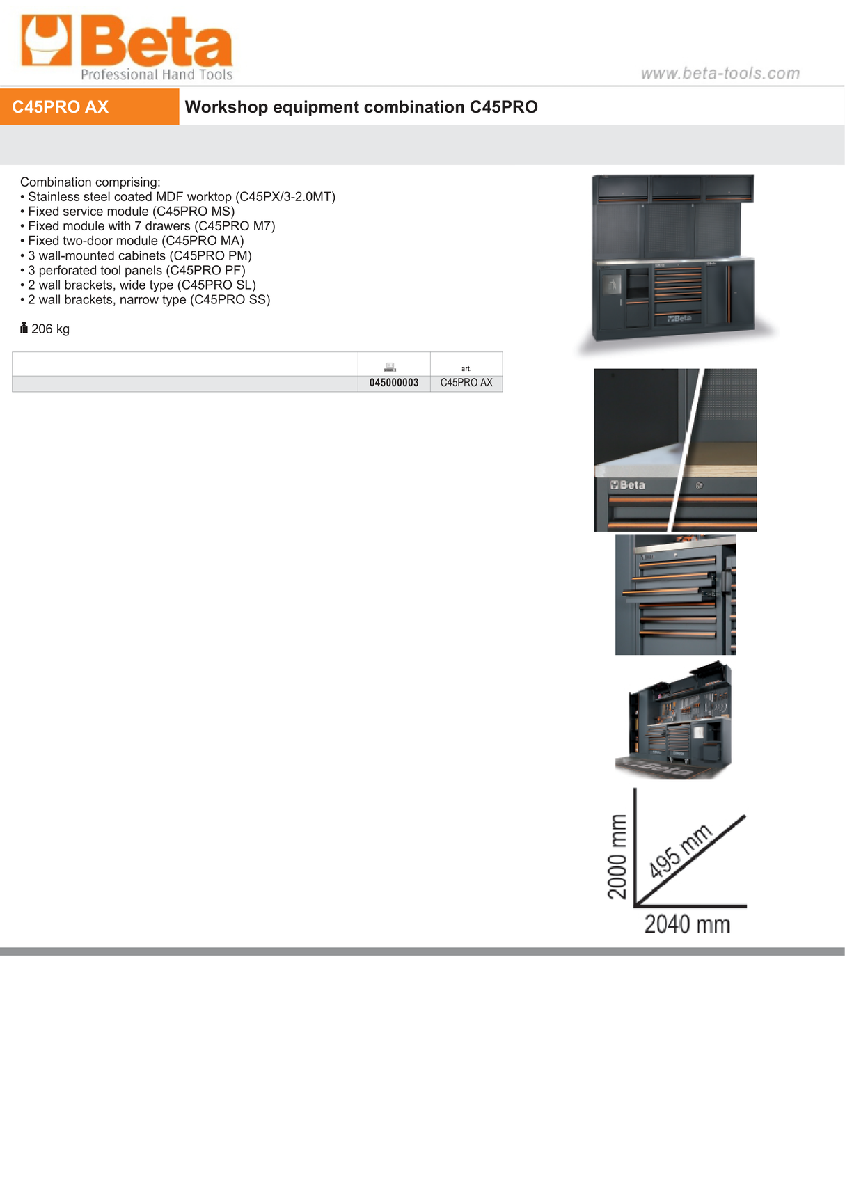 Workshop Equipment Combination with Stainless Steel Worktop, Drawers, Tool Panels, and Cabinets - BetaC45PRO C45PRO AX - Image 6