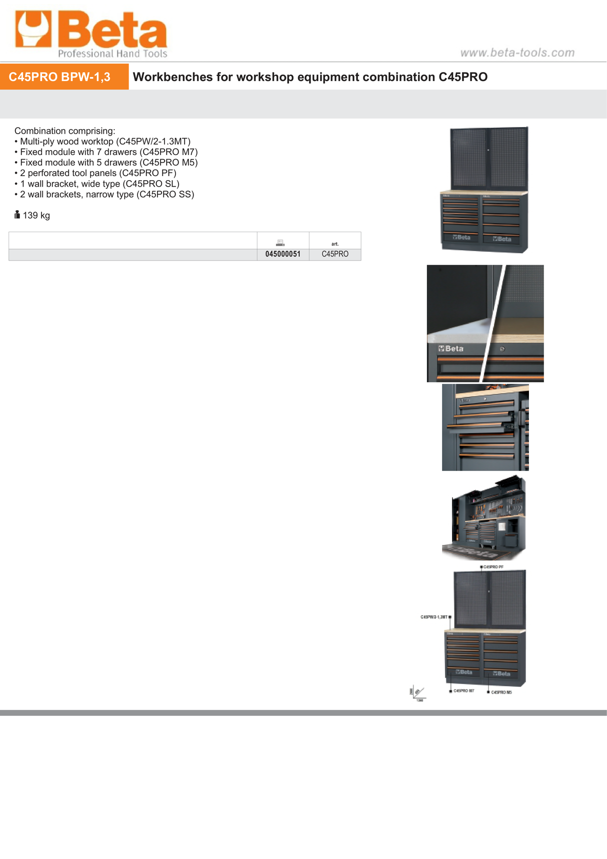 Workbenches with Wood Worktop, Drawers, and Tool Panels - BetaC45PRO C45PRO BPW-1,3 - Image 6
