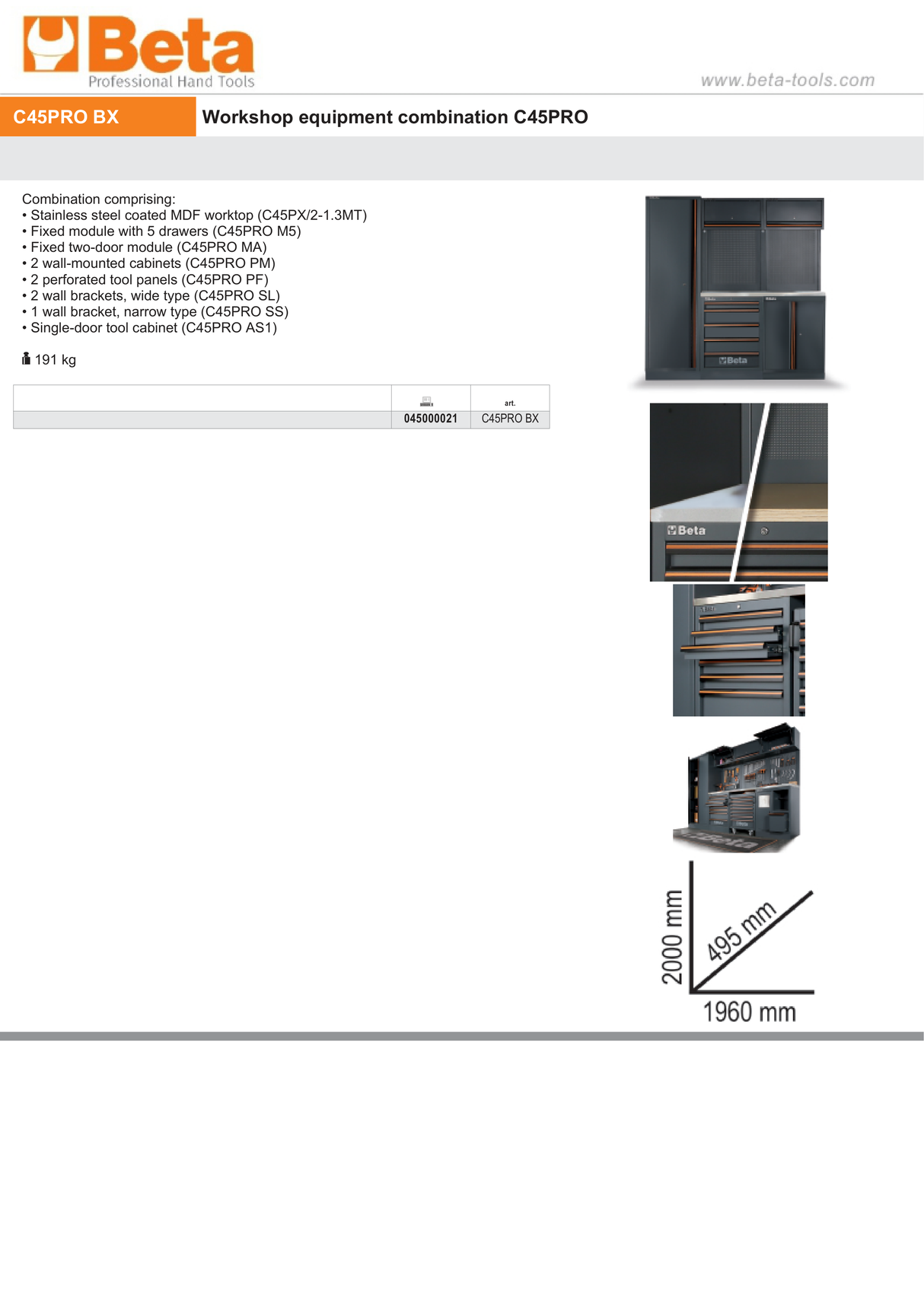 Workshop Equipment Combination with Stainless Steel Worktop, Drawers, Tool Panels, and Cabinets - BetaC45PRO C45PRO BX - Image 6