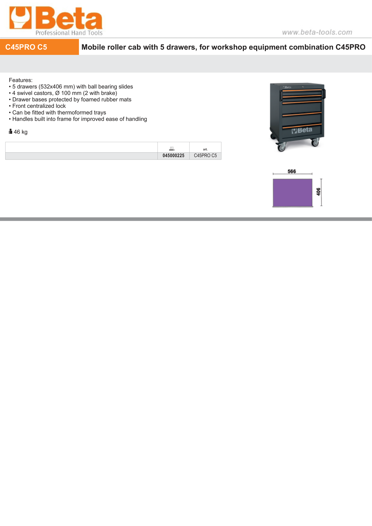 Mobile Roller Cab with 5 Drawers and Swivel Castors for Workshop - BetaC45PRO C45PRO C5 - Image 4