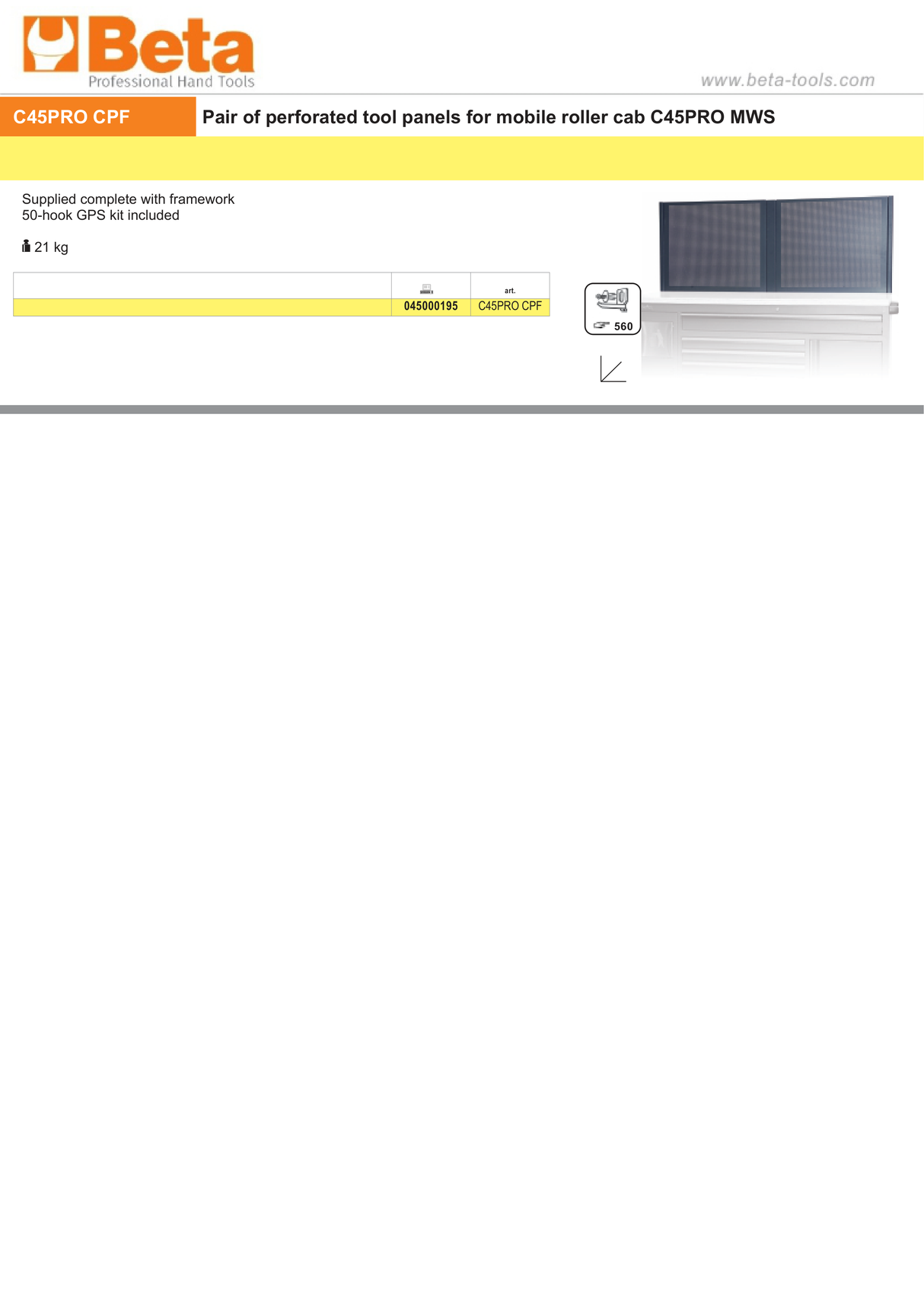 Perforated Tool Panels Pair with 50-Hook Kit for Mobile Roller Cab - BetaC45PRO C45PRO CPF - Image 2