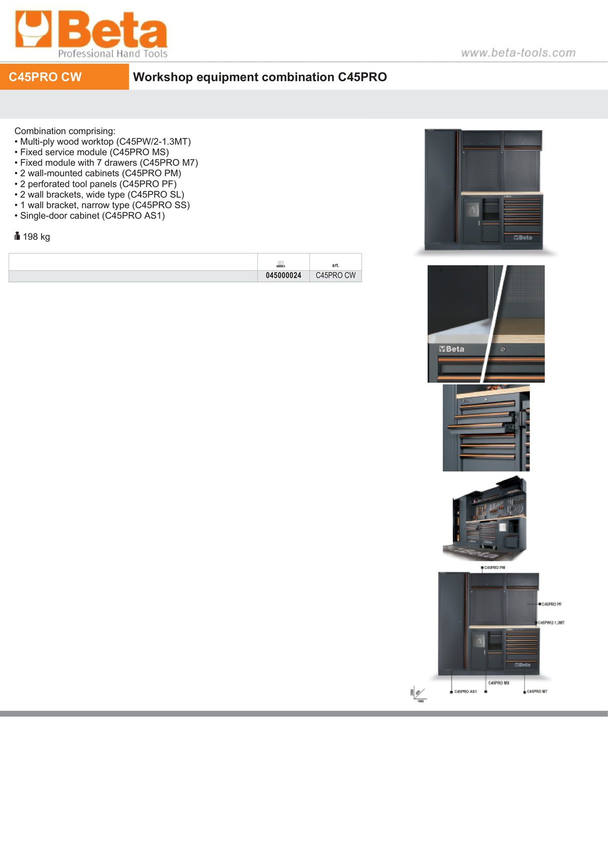 Workshop Equipment Combination with Wood Worktop, Drawers, Tool Panels, and Cabinets - BetaC45PRO C45PRO CW - Image 6