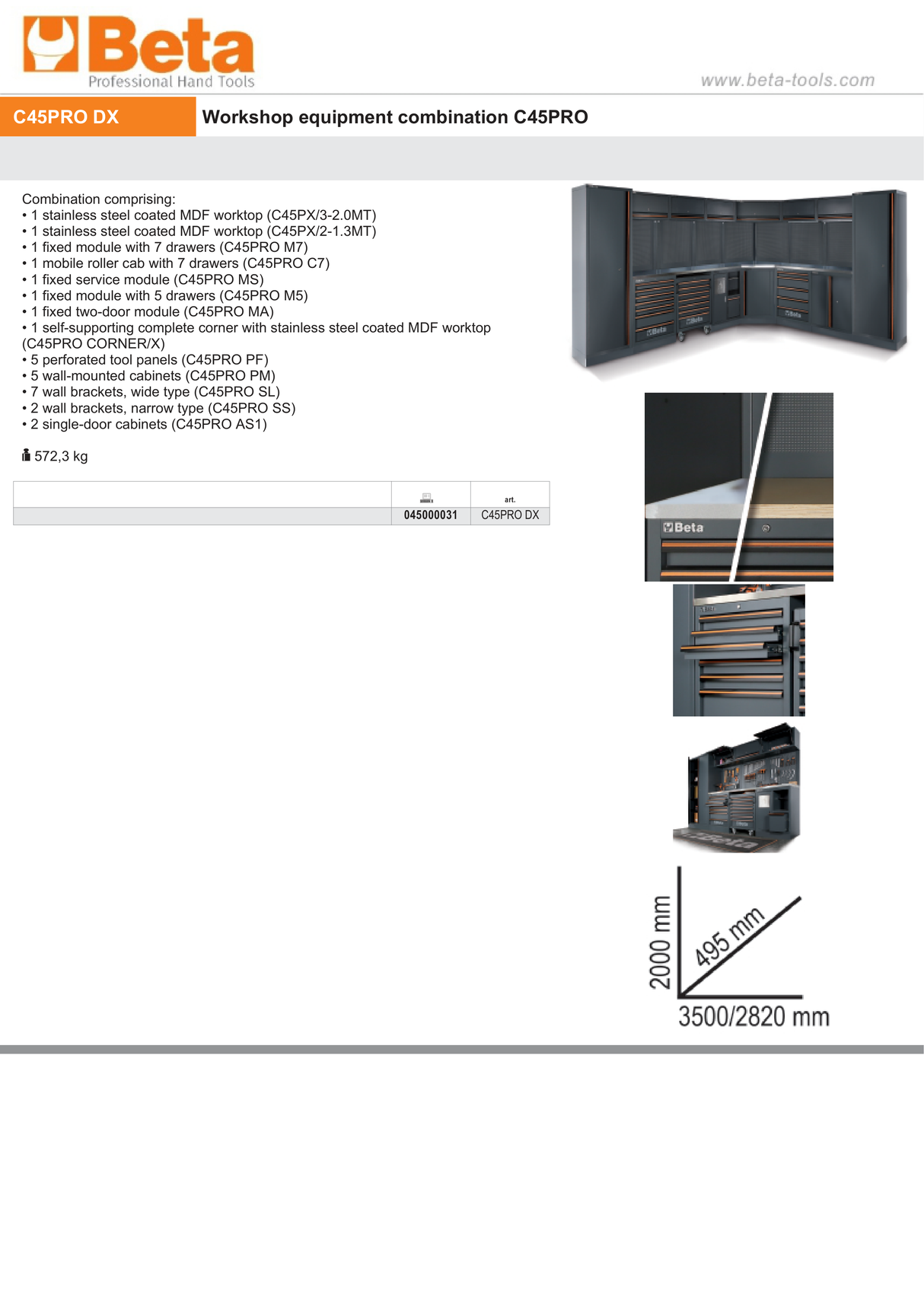 Workshop Equipment Combination with Stainless Steel Worktops, Drawers, Tool Panels, and Cabinets - BetaC45PRO C45PRO DX - Image 6