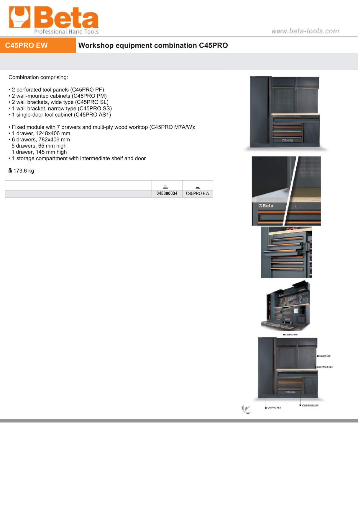 Workshop Equipment Combination with Wood Worktop, Drawers, Tool Panels, and Cabinets - BetaC45PRO C45PRO EW - Image 6