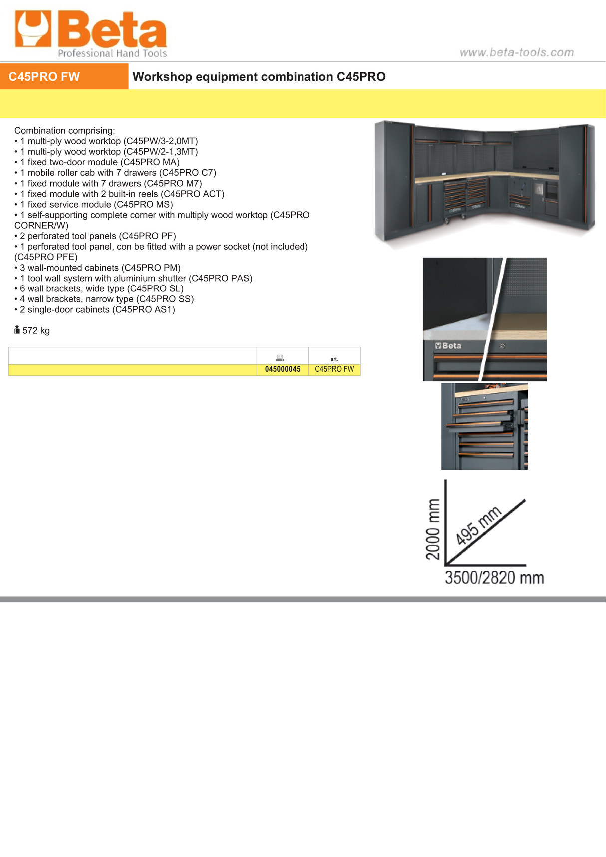 Workshop Equipment Combination with Wood Worktops, Drawers, Tool Panels, and Cabinets - BetaC45PRO C45PRO FW - Image 5