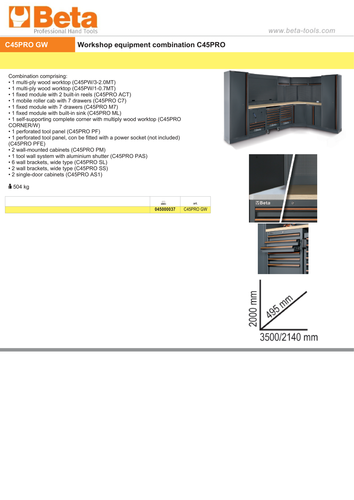 Workshop Equipment Combination with Wood Worktops, Drawers, Tool Panels, and Cabinets - BetaC45PRO C45PRO GW - Image 5
