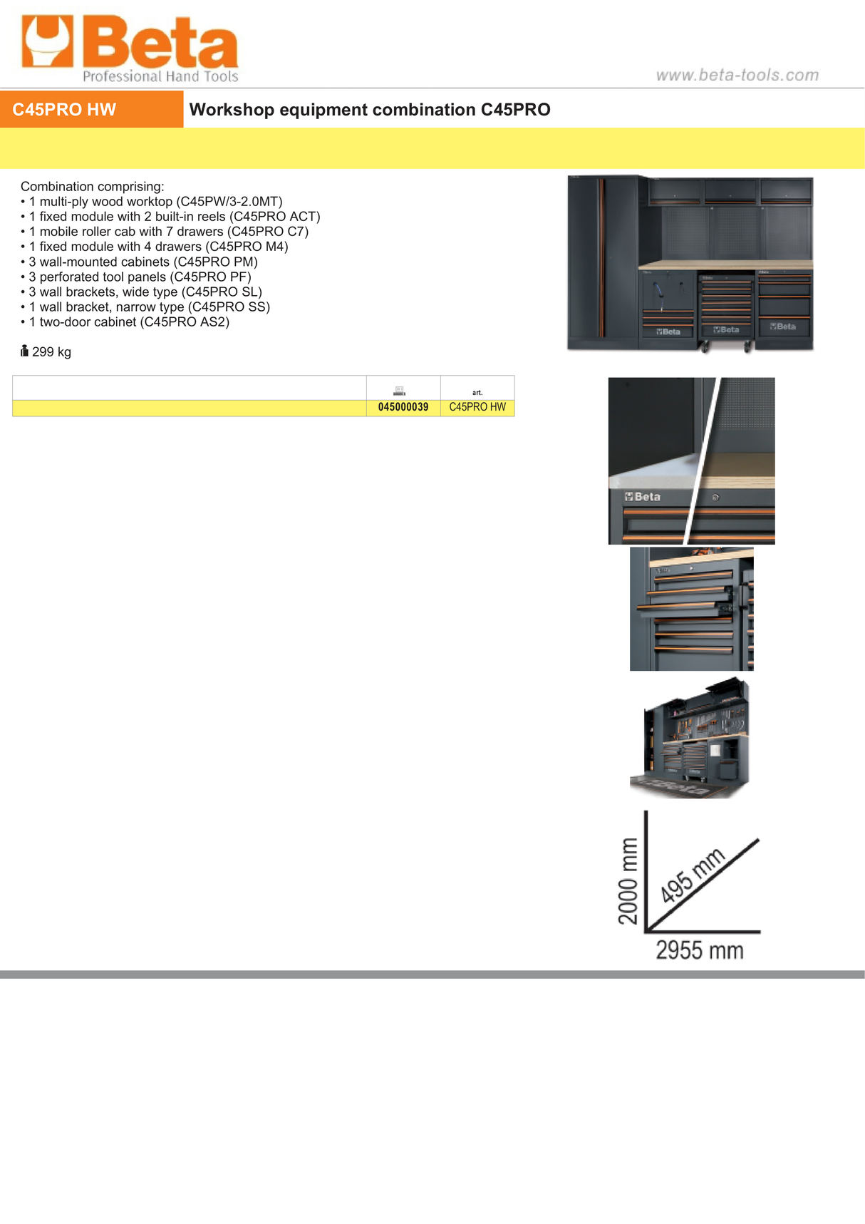 Workshop Equipment Combination with Wood Worktop, Drawers, Tool Panels, and Cabinets - BetaC45PRO C45PRO HW - Image 6