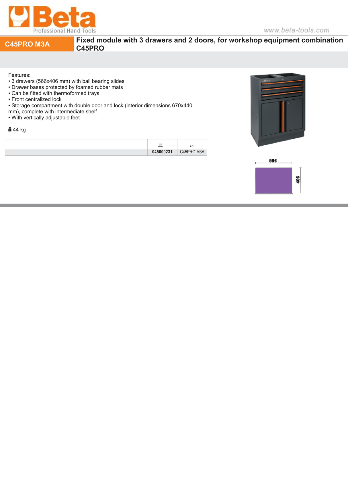 Fixed Module with 3 Drawers and 2 Doors for Workshop - BetaC45PRO C45PRO M3A - Image 4