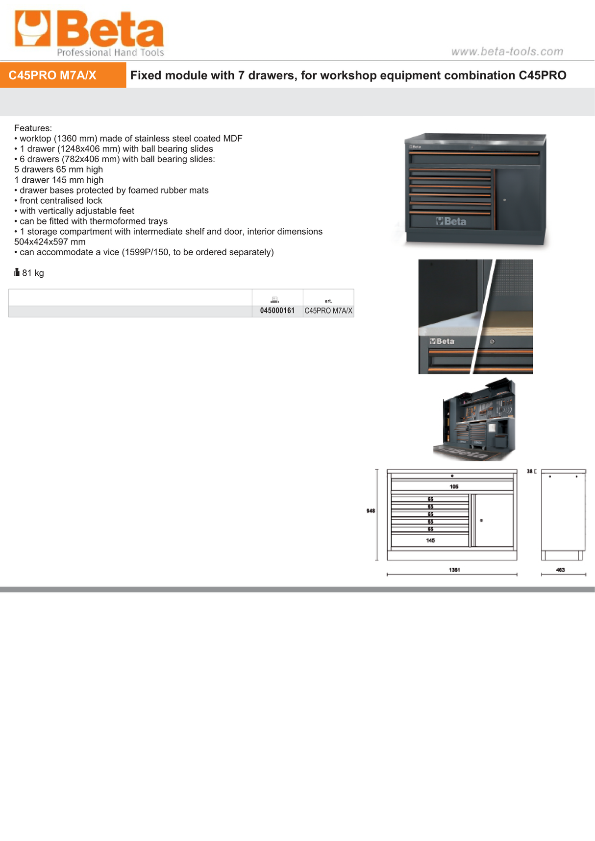 Fixed Module with 7 Drawers and Storage Compartment for Workbench - BetaC45PRO C45PRO M7A/X - Image 5