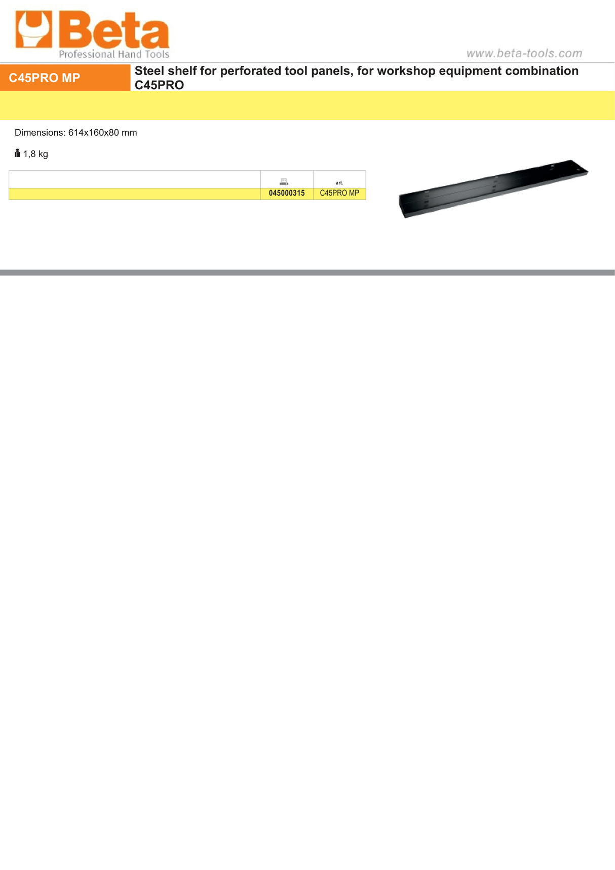 Steel Shelf 614x160mm for Perforated Tool Panels in Workshop - BetaC45PRO C45PRO MP - Image 2