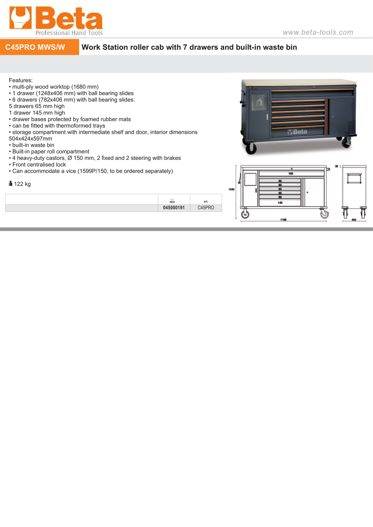 Work Station Roller Cab with 7 Drawers and Built-In Waste Bin - BetaC45PRO C45PRO MWS/W - Image 3