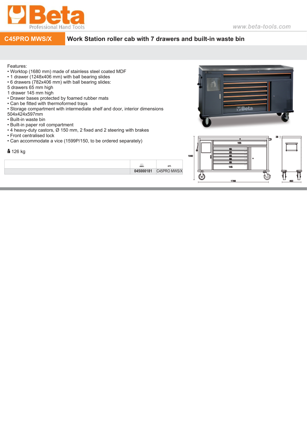 Work Station Roller Cab with 7 Drawers and Built-In Waste Bin - BetaC45PRO C45PRO MWS/X - Image 3
