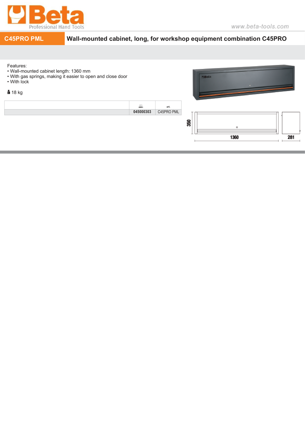 Long Wall-Mounted Cabinet with Gas Springs and Lock for Workshop - BetaC45PRO C45PRO PML - Image 3