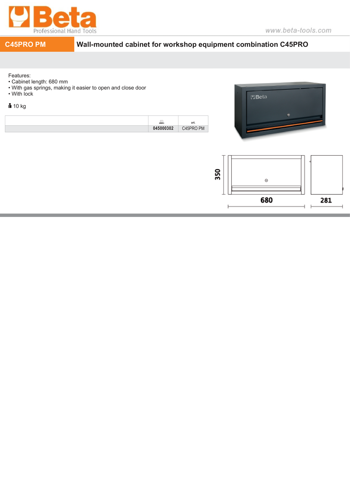 Wall-Mounted Cabinet with Gas Springs and Lock for Workshop - BetaC45PRO C45PRO PM - Image 3