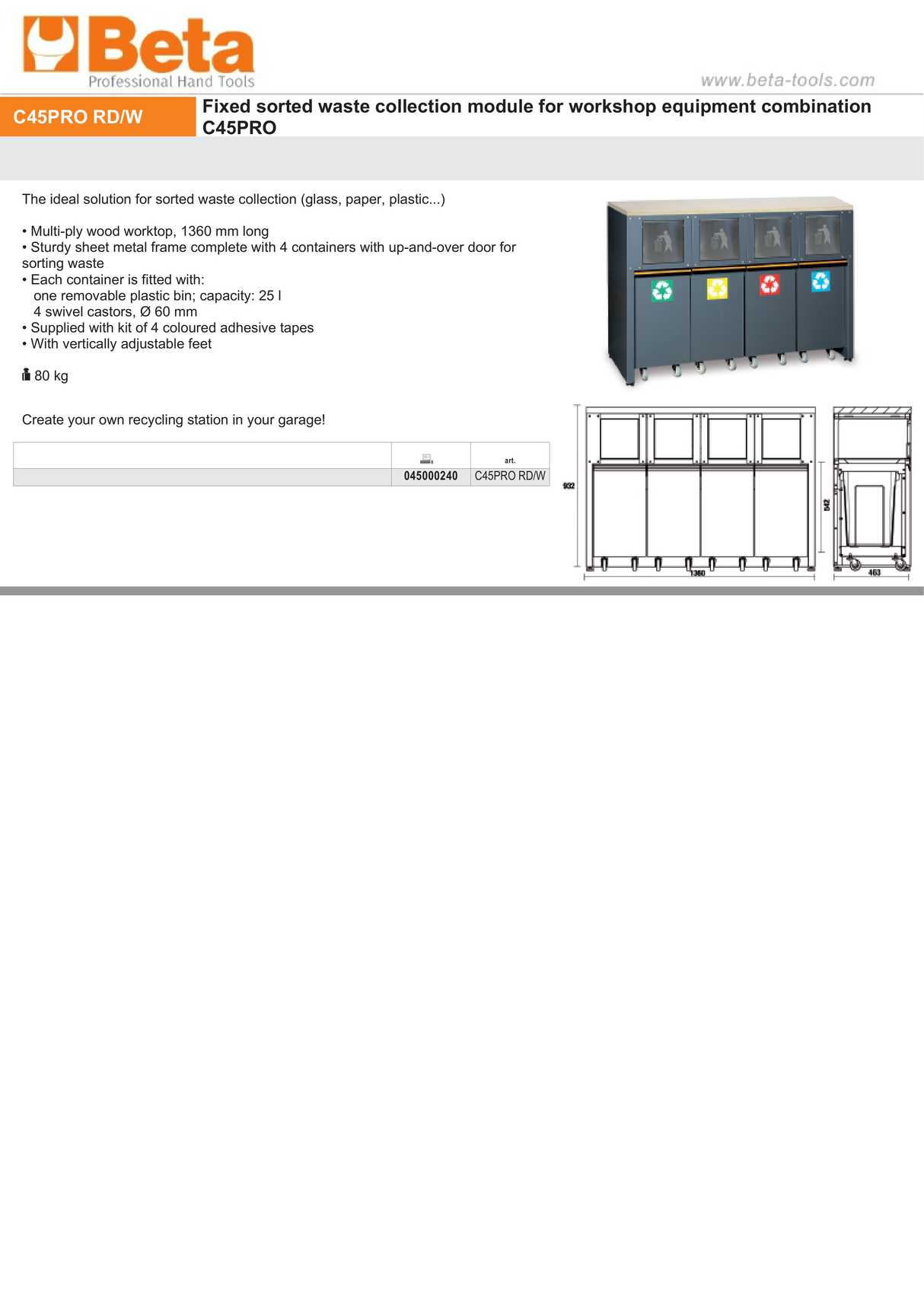 Fixed Sorted Waste Collection Module with Worktop and 4 Containers for Workshop - BetaC45PRO C45PRO RD/W - Image 3