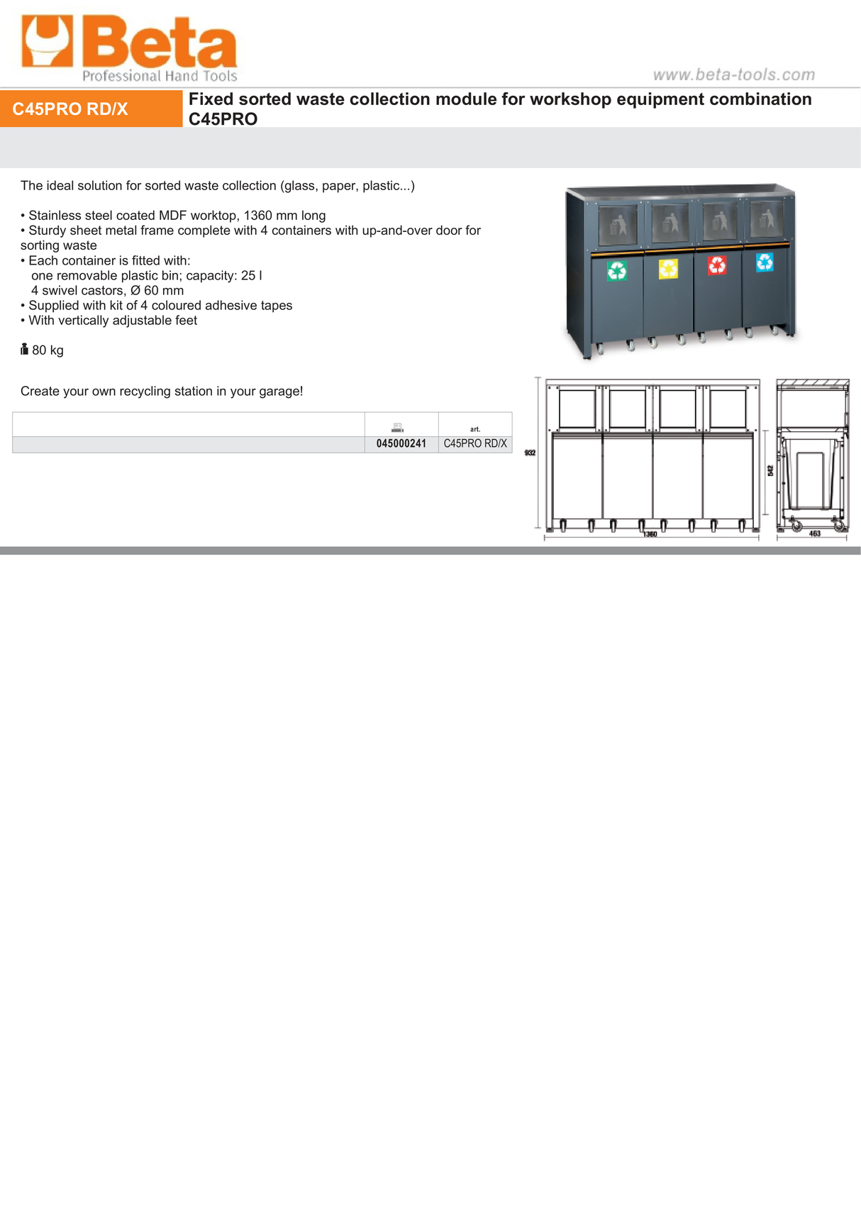 Fixed Sorted Waste Collection Module with Stainless Steel Worktop and 4 Containers for Workshop - BetaC45PRO C45PRO RD/X - Image 3
