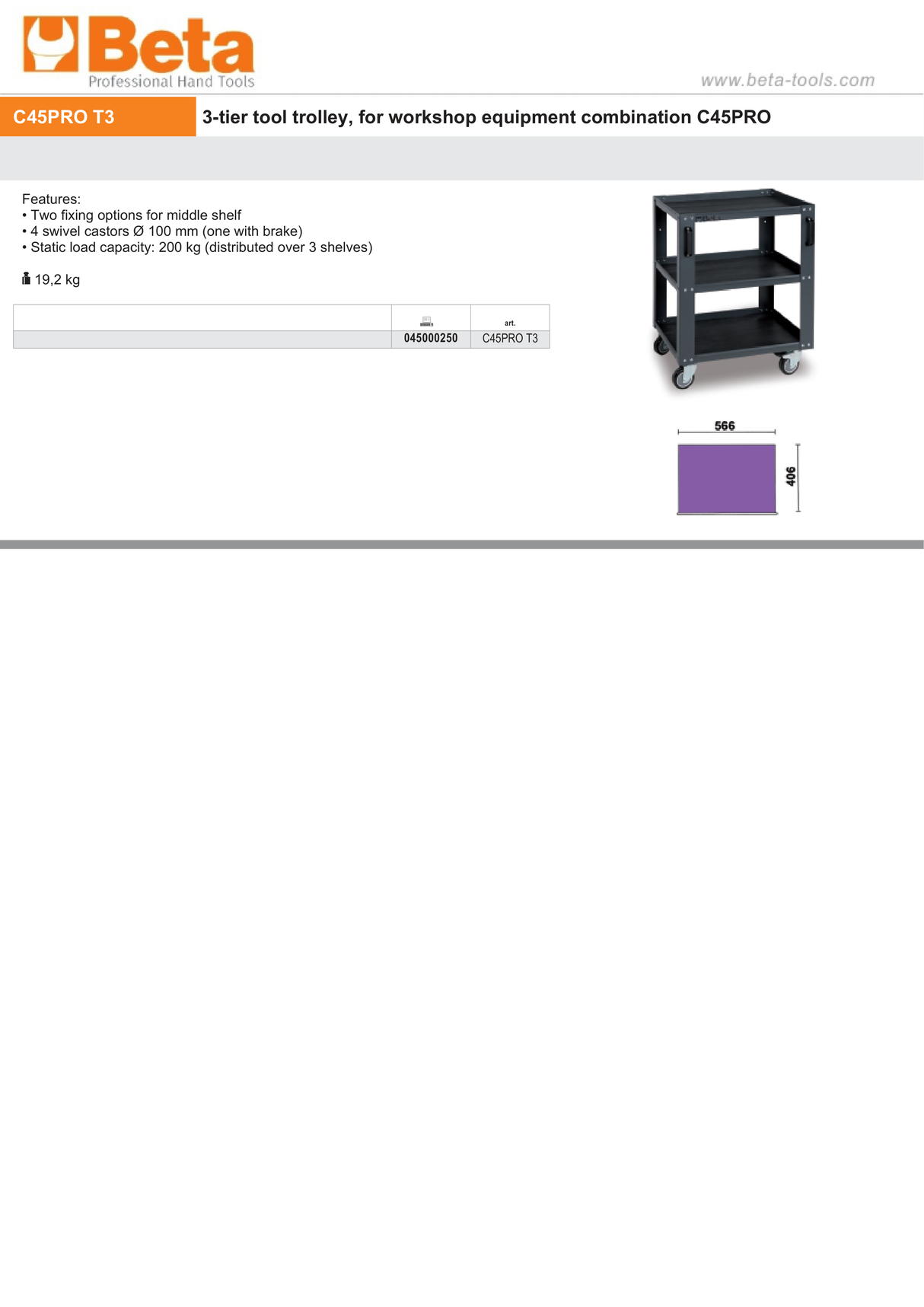 3-Tier Tool Trolley with Adjustable Middle Shelf for Workshop - BetaC45PRO C45PRO T3 - Image 4