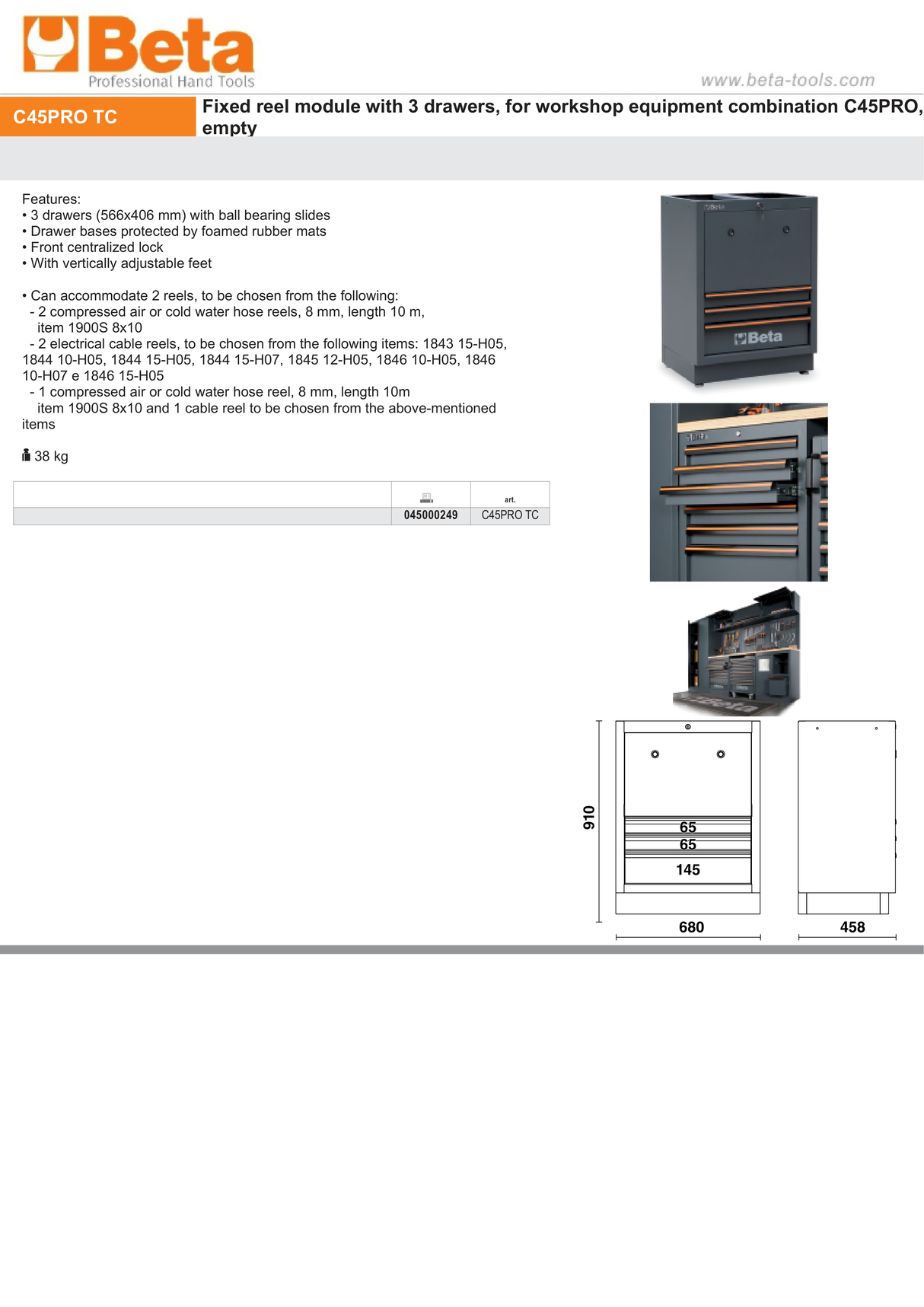 Fixed Reel Module with 3 Drawers for Workshop, Empty - BetaC45PRO C45PRO TC - Image 5