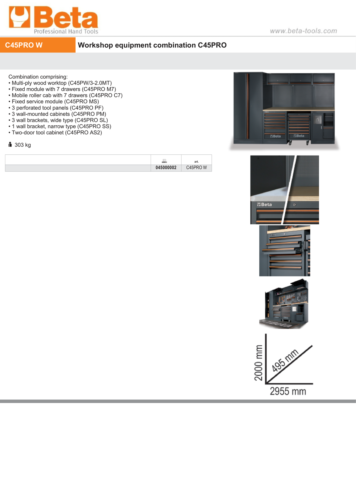 Workshop Equipment Combination with Wood Worktop, Drawers, Tool Panels, and Cabinets - BetaC45PRO C45PRO W - Image 6