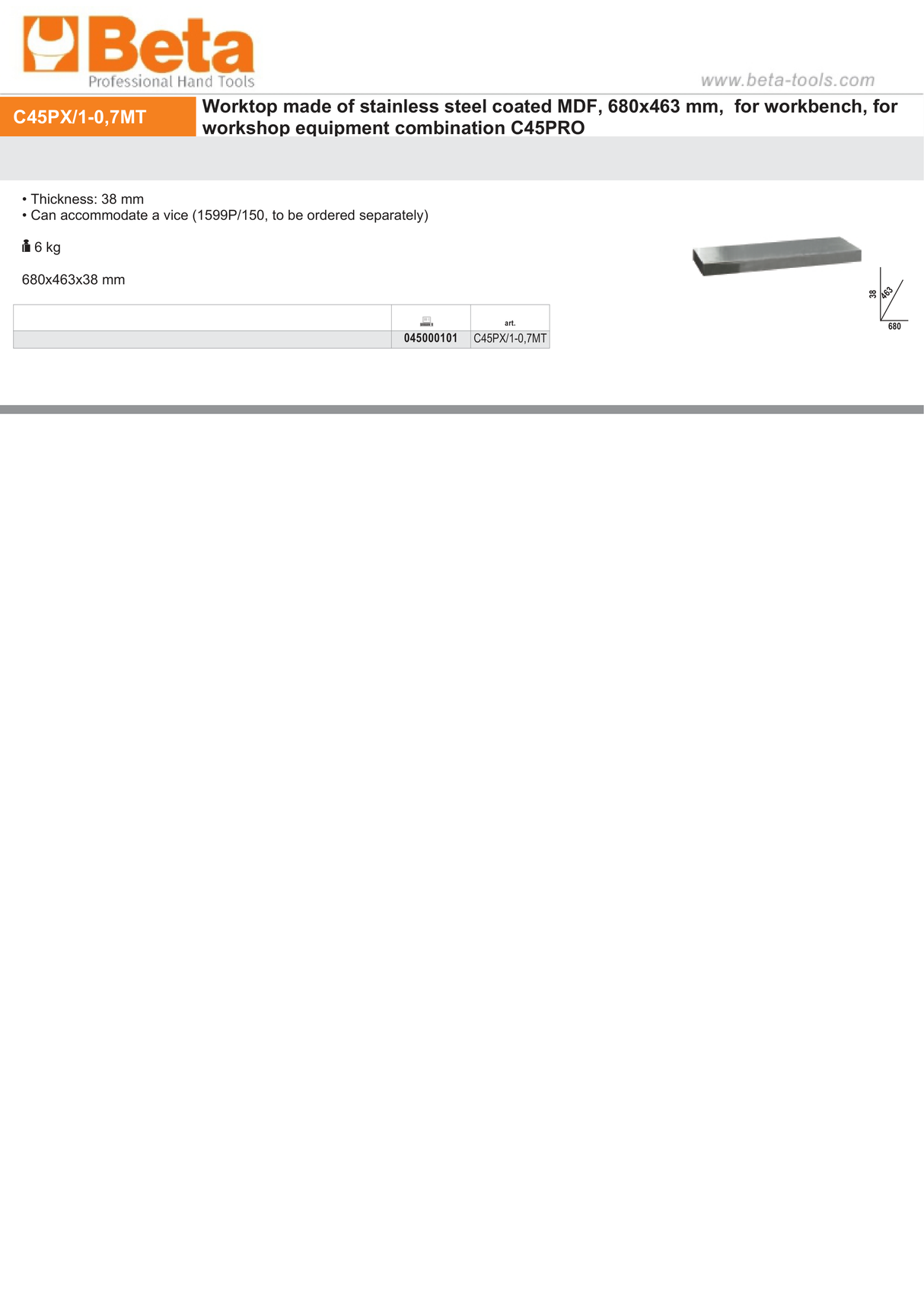 Stainless Steel Coated MDF Worktop 680x463x38mm for Workbench - BetaC45PRO C45PX/1-0,7MT - Image 2