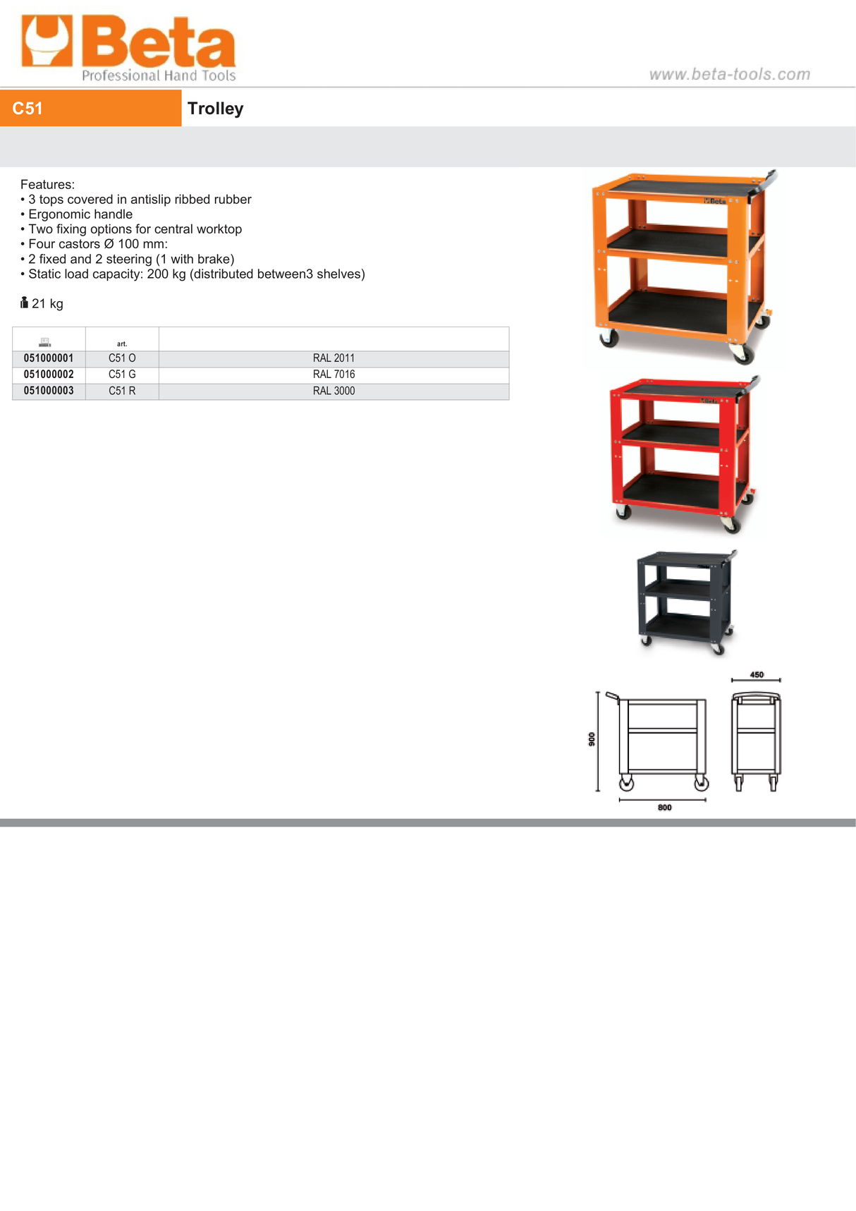 Trolley with 3 Antislip Rubber Tops, Ergonomic Handle, 4 Castors 100mm, 200kg Load Capacity - Beta Tools C51 G - Image 5