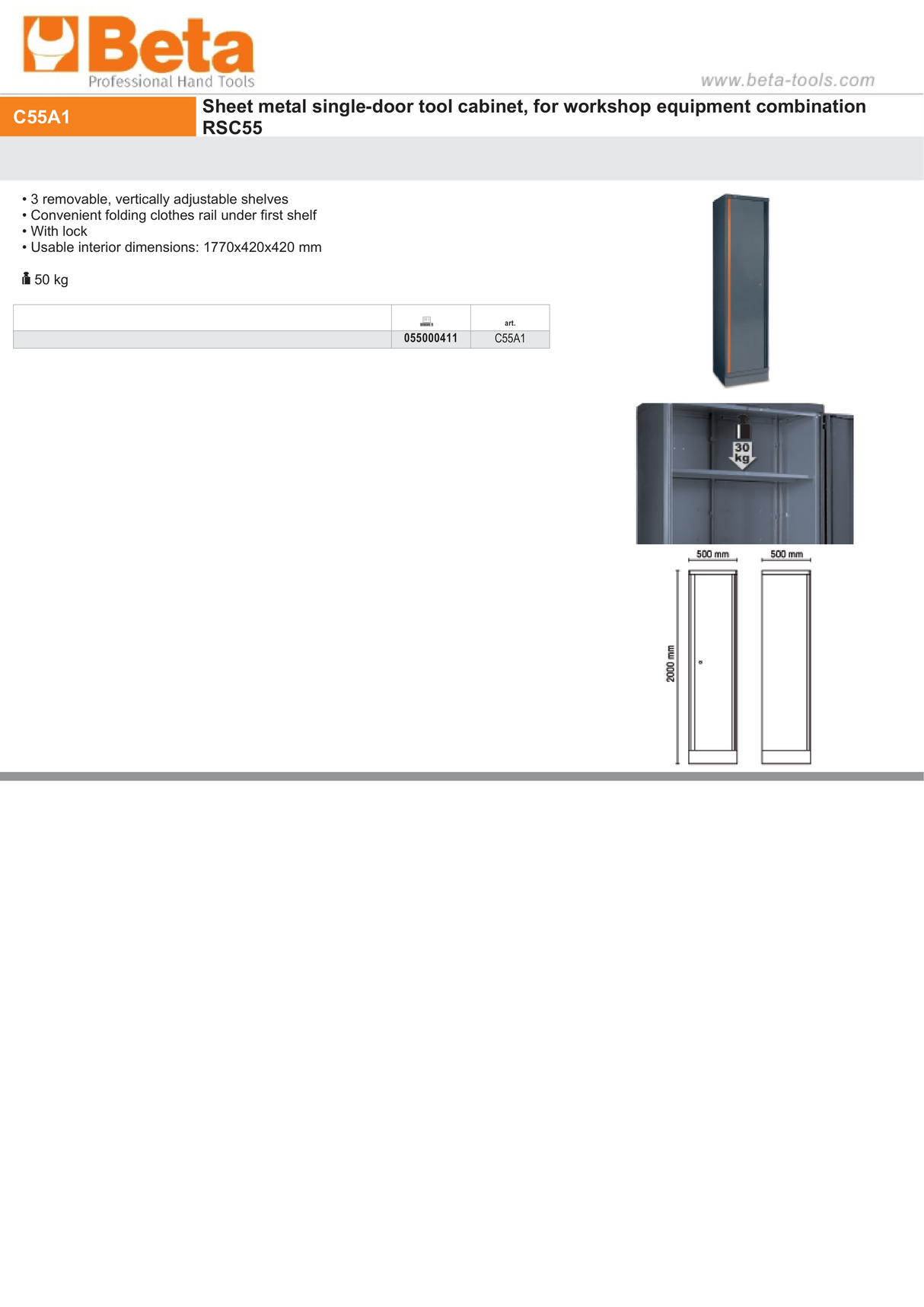 Single-Door Tool Cabinet, 1770x420x420mm, Adjustable Shelves, Lockable, with Clothes Rail - BetaRSC55 C55A1 - Image 4