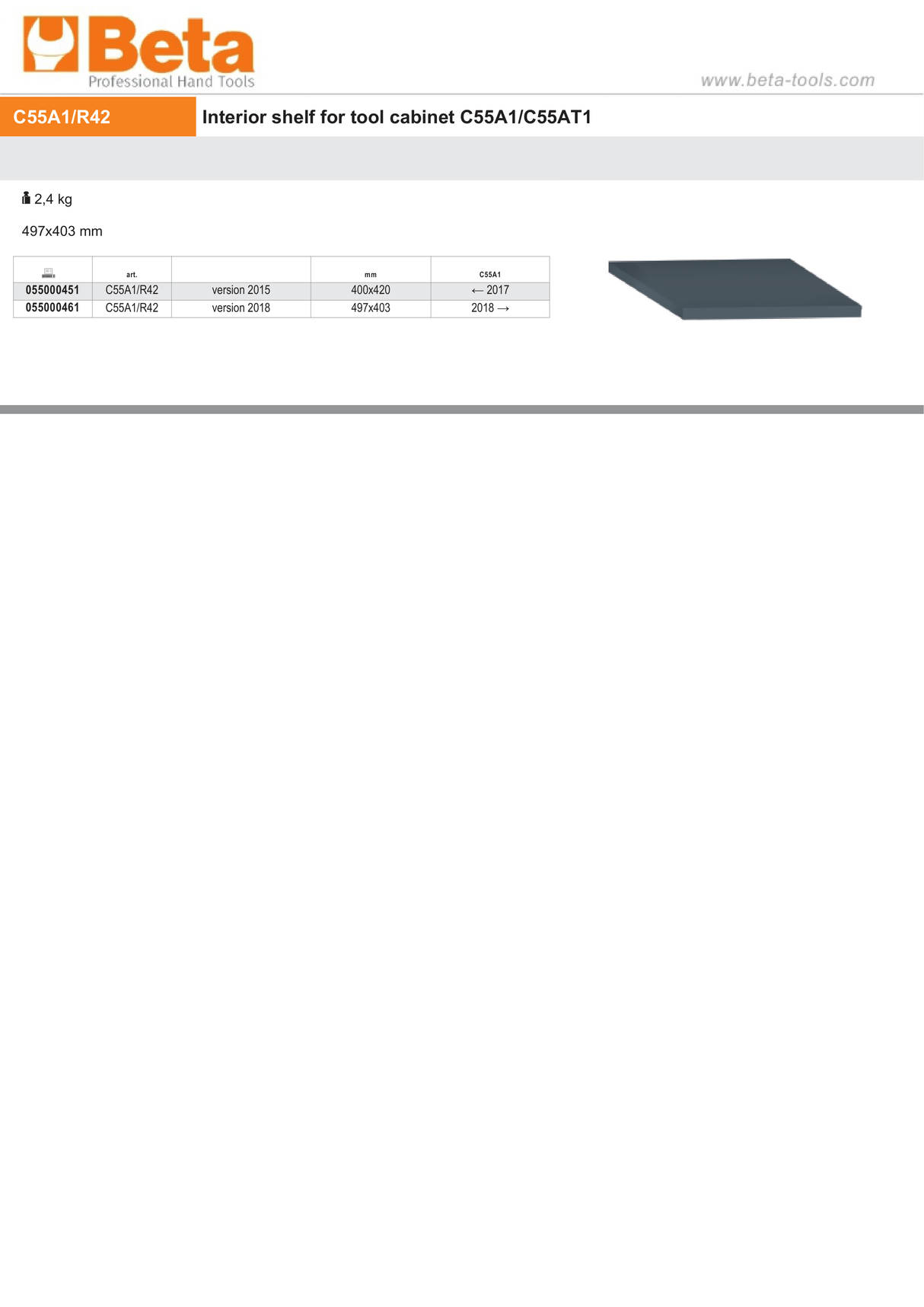 Interior Shelf for Tool Cabinet, 497x403mm - BetaRSC55 C55A1/R42 - Image 2