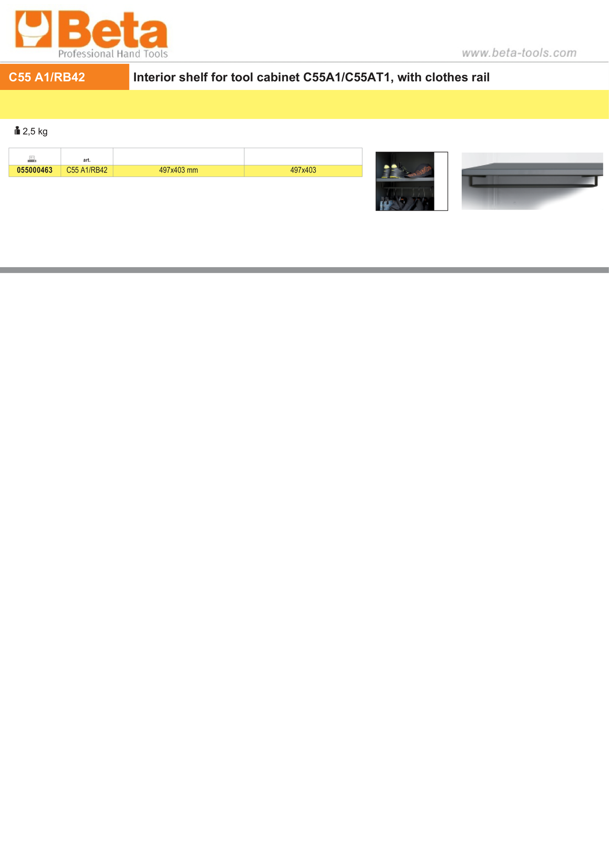 Interior Shelf with Clothes Rail for Tool Cabinet, 497x403mm - BetaRSC55 C55 A1/RB42 - Image 3