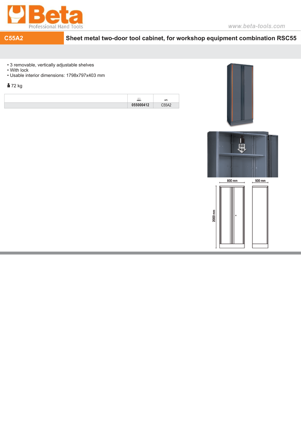 Two-Door Tool Cabinet, 1798x797x403mm, Adjustable Shelves, Lockable - BetaRSC55 C55A2 - Image 4