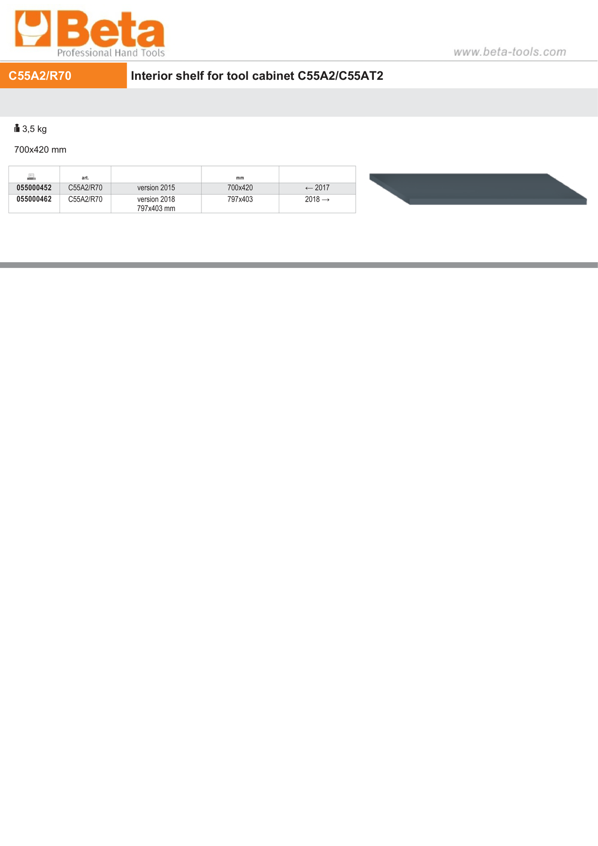 Interior Shelf for Tool Cabinet, 797x403mm - BetaRSC55 C55A2/R70 - Image 2