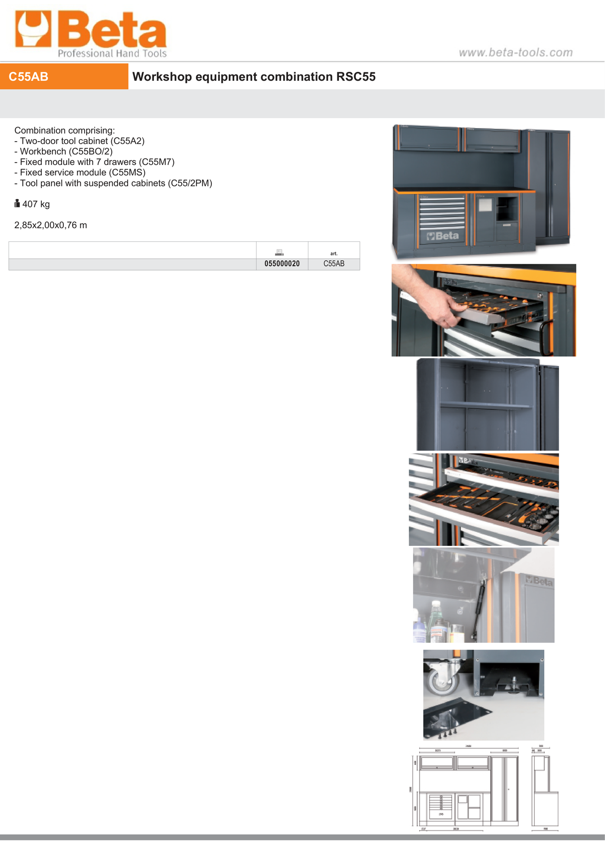 Workshop Equipment Set with Two-Door Cabinet, Workbench, 7-Drawer Module, Service Module, Tool Panel, 2.85x2.00x0.76m - BetaRSC55 C55AB - Image 8