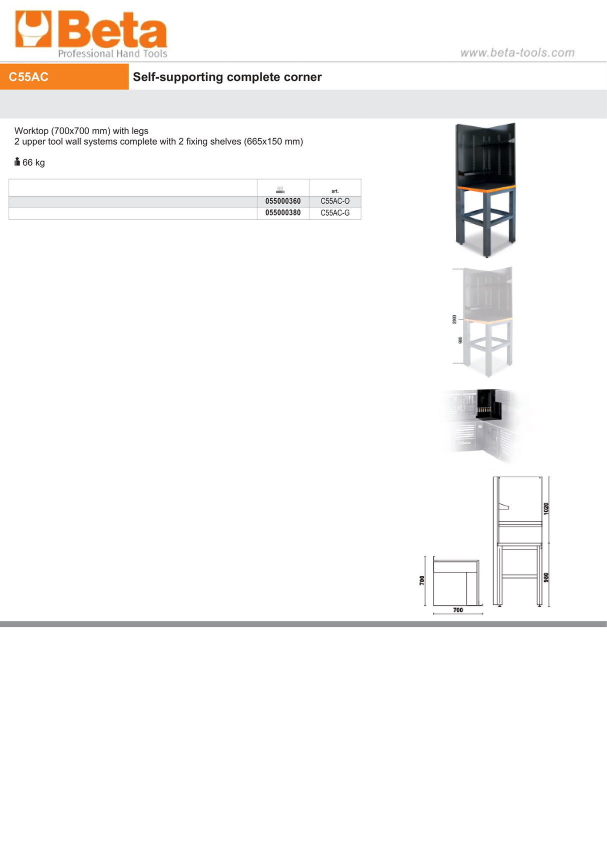 Self-Supporting Complete Corner Worktop, 700x700mm, with Tool Wall Systems and Fixing Shelves - BetaRSC55 C55AC-O - Image 5