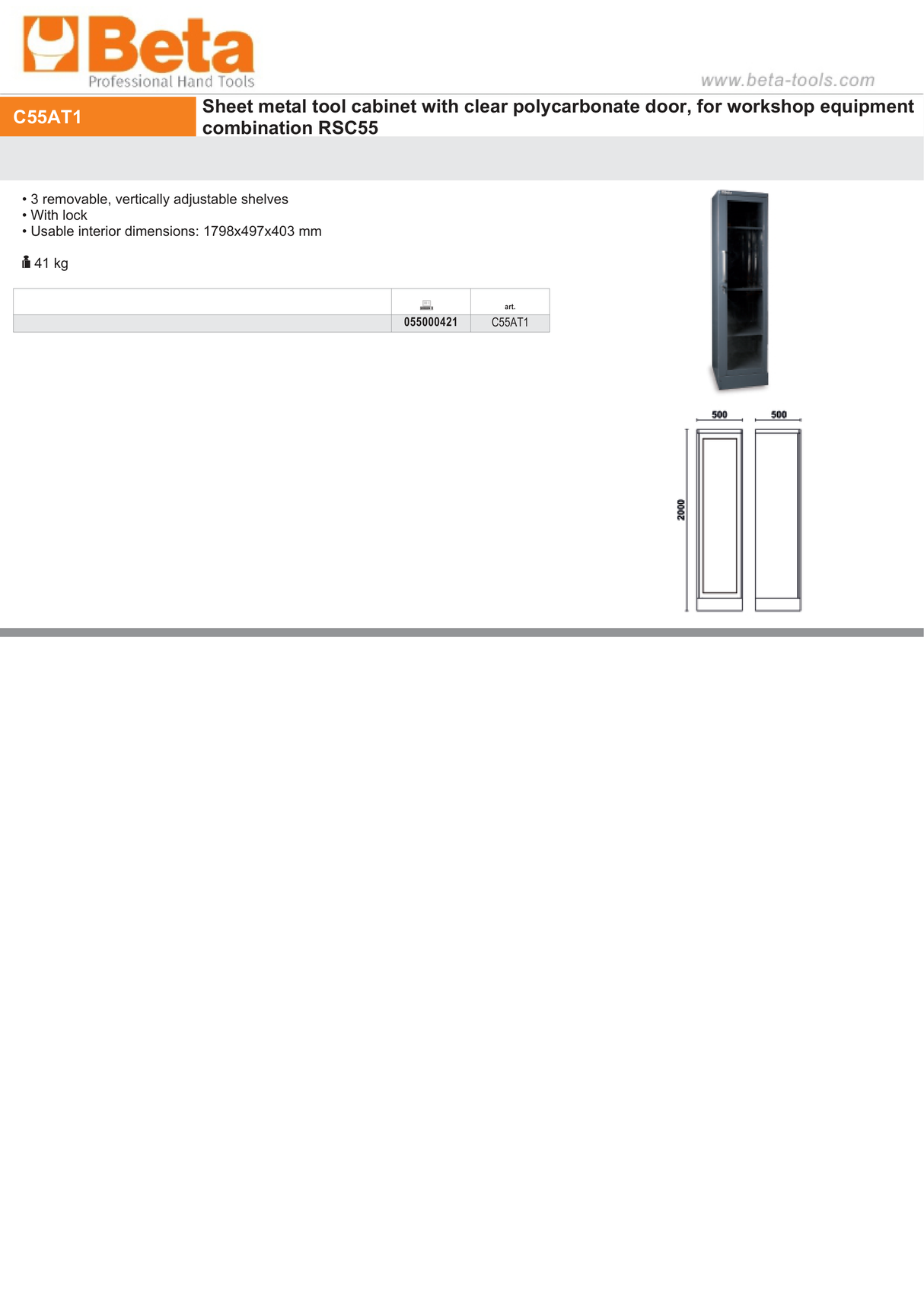 Tool Cabinet with Clear Polycarbonate Door, 1798x497x403mm, Adjustable Shelves, Lockable - BetaRSC55 C55AT1 - Image 3