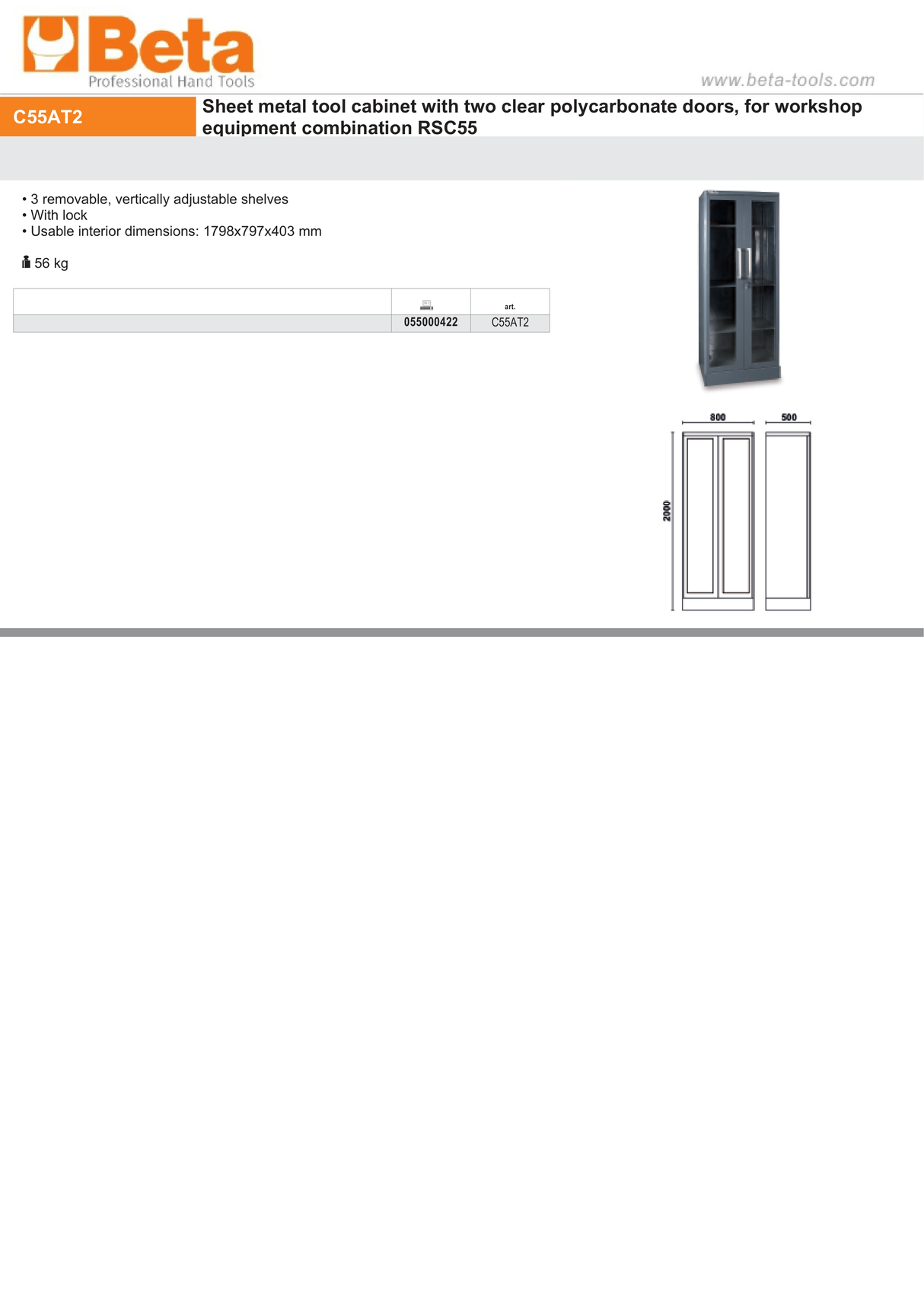 Tool Cabinet with Two Clear Polycarbonate Doors, 1798x797x403mm, Adjustable Shelves, Lockable - BetaRSC55 C55AT2 - Image 3