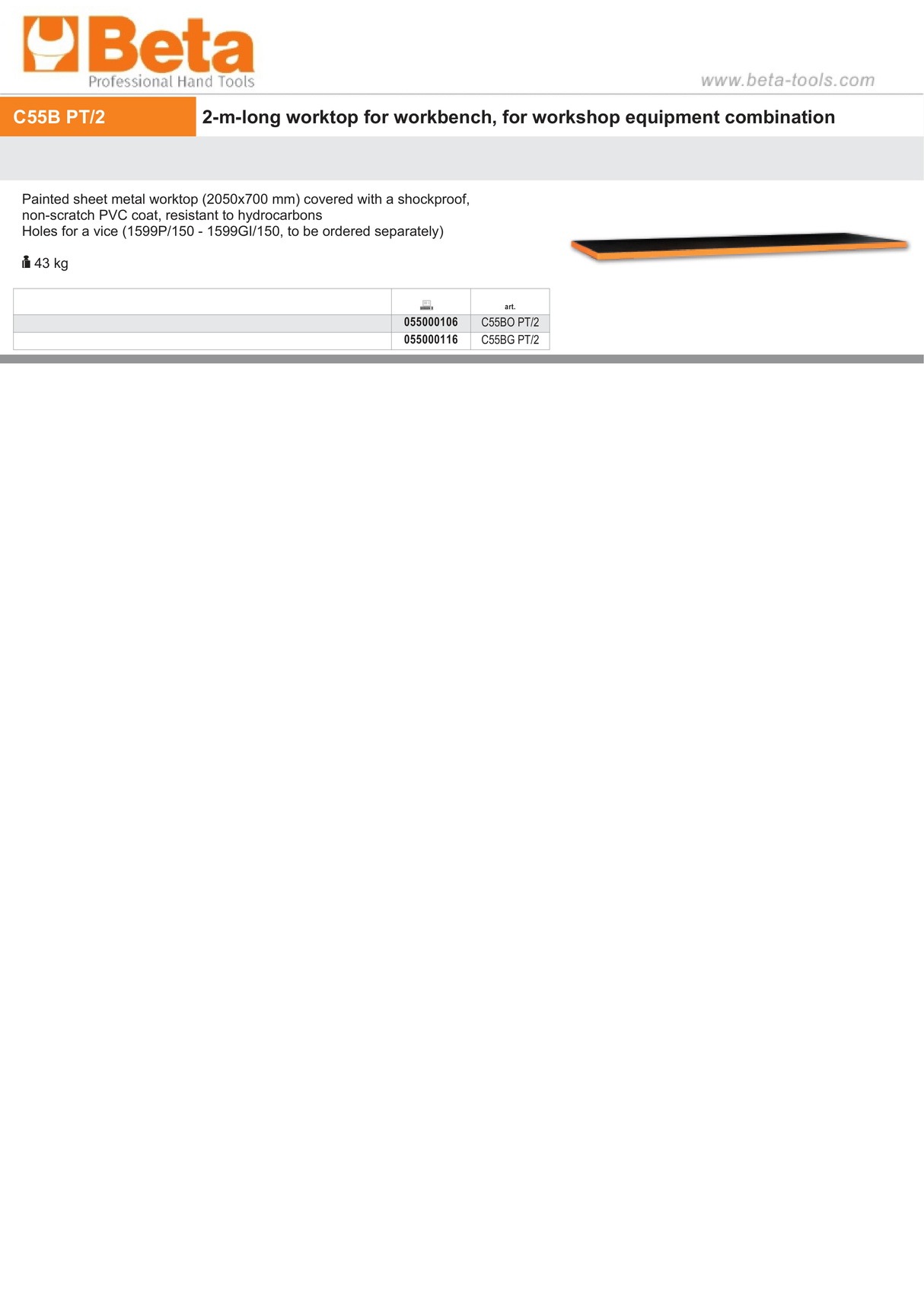 2m Worktop with Shockproof PVC Coating, 2050x700mm, for Workbench - BetaRSC55 C55BO PT/2 - Image 2