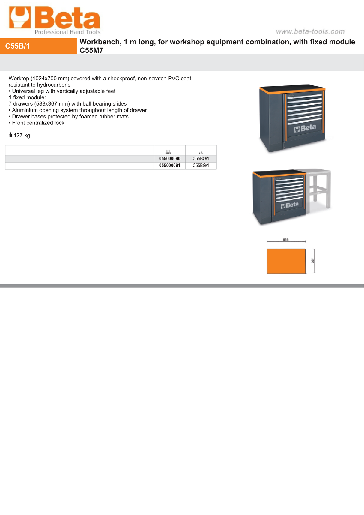 Workbench 1m with 7-Drawer Fixed Module, Shockproof PVC Worktop, Adjustable Feet, 1024x700mm - BetaRSC55 C55BG/1 - Image 5