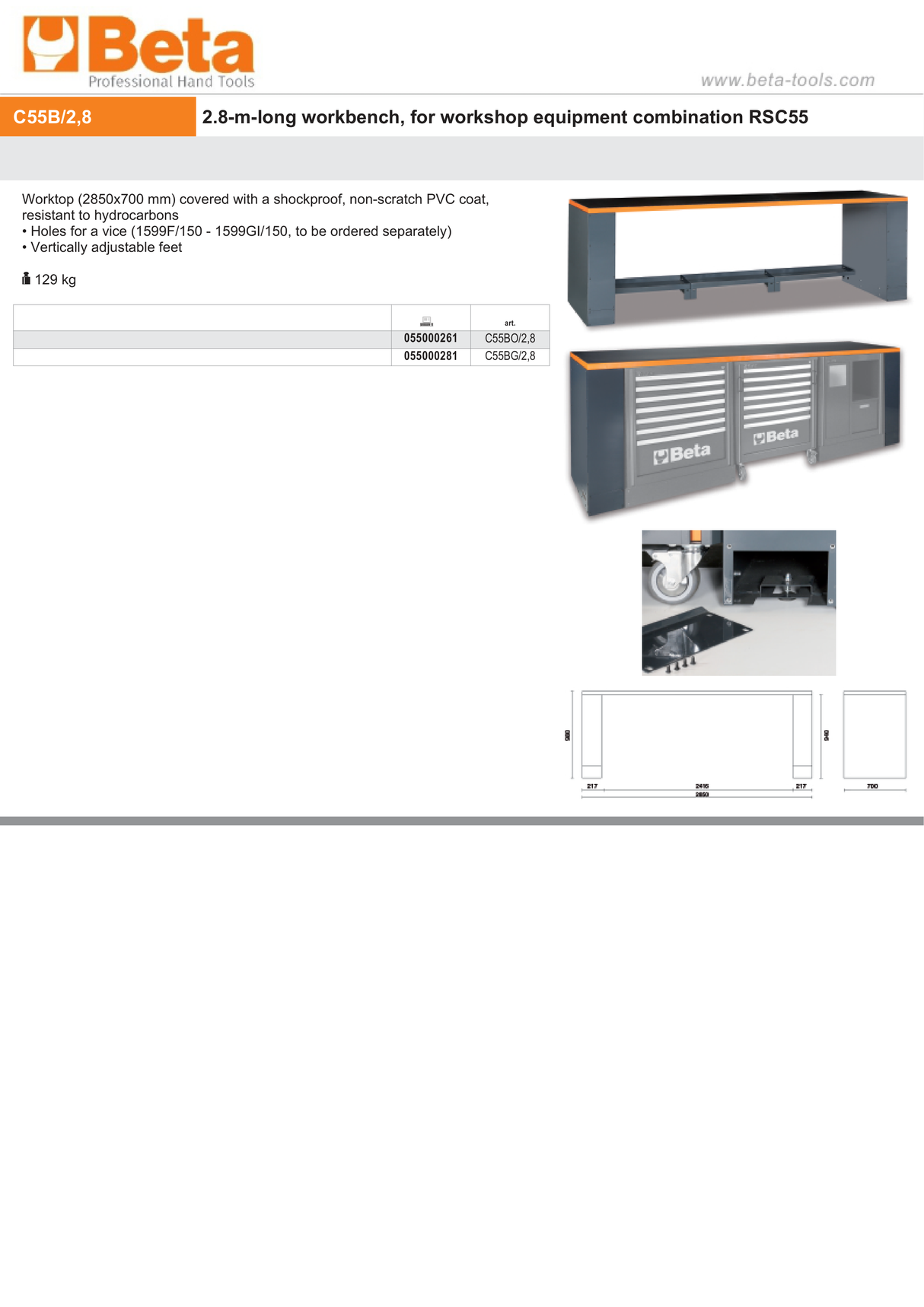 2.8m Workbench with Shockproof PVC Coated Worktop, Adjustable Feet, Vice Holes - BetaRSC55 C55BO/2,8 - Image 5