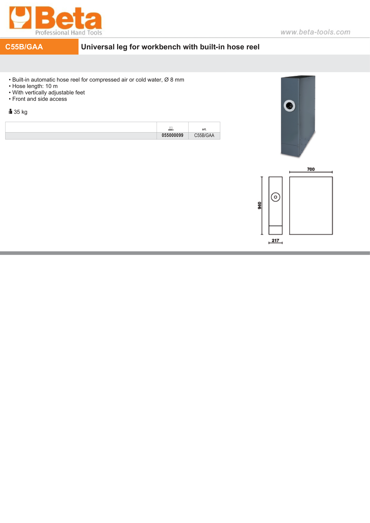 Universal Leg with Built-In 10m Hose Reel, 8mm, Adjustable Feet for Workbench - BetaRSC55 C55B/GAA - Image 3