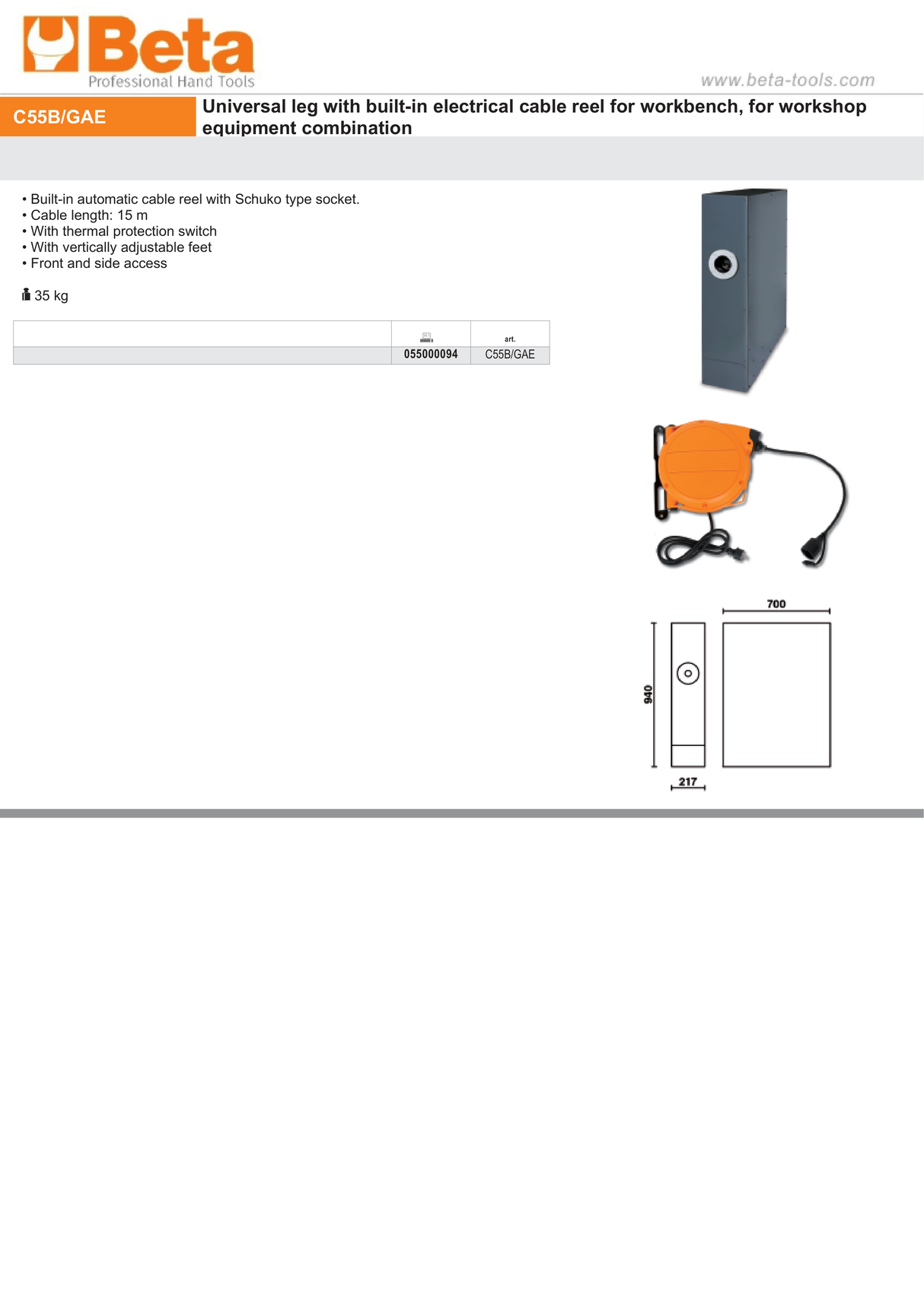Universal Leg with Built-In 15m Cable Reel, Schuko Socket, Adjustable Feet, Thermal Protection for Workbench - BetaRSC55 C55B/GAE - Image 4